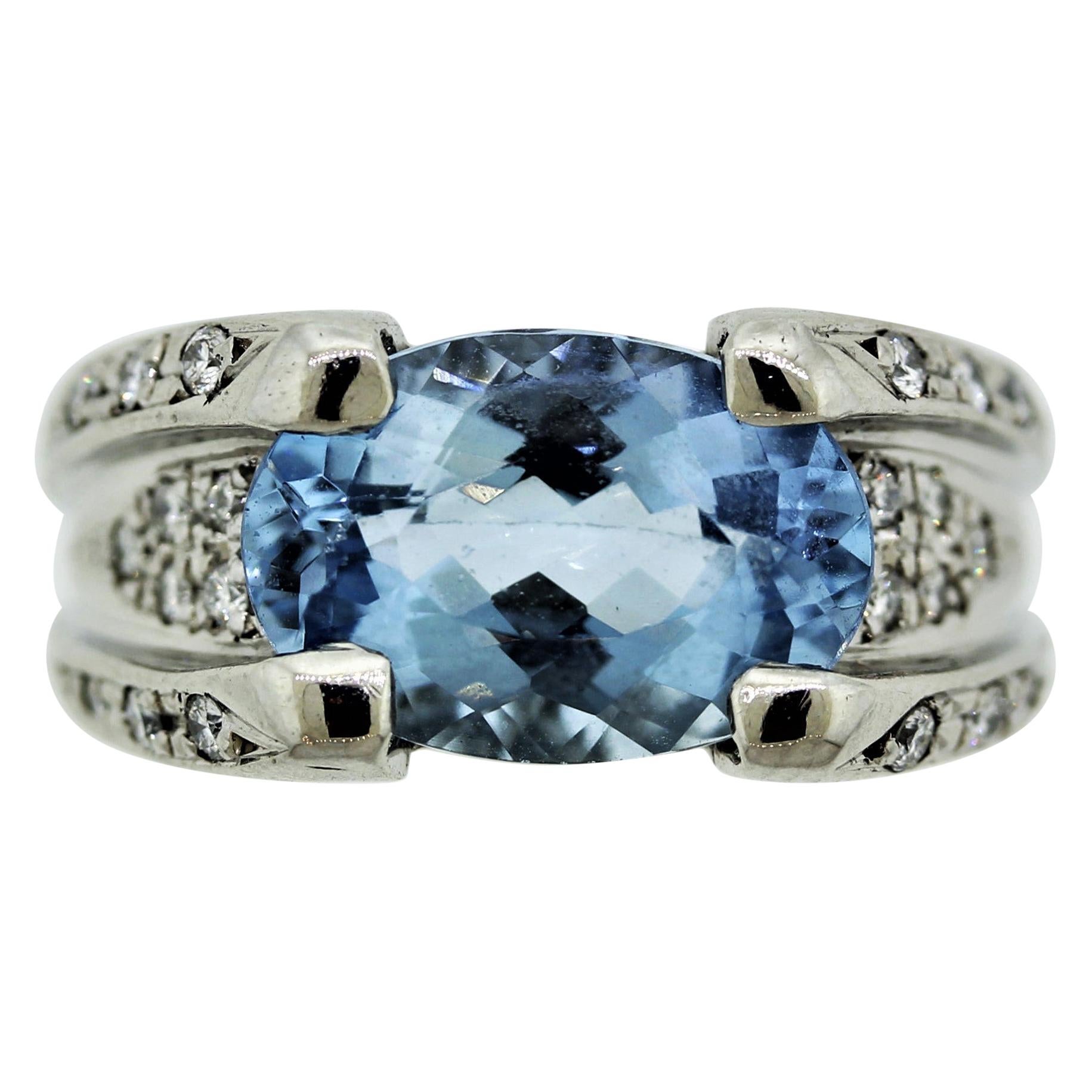 Aquamarine Diamond Platinum Ring For Sale