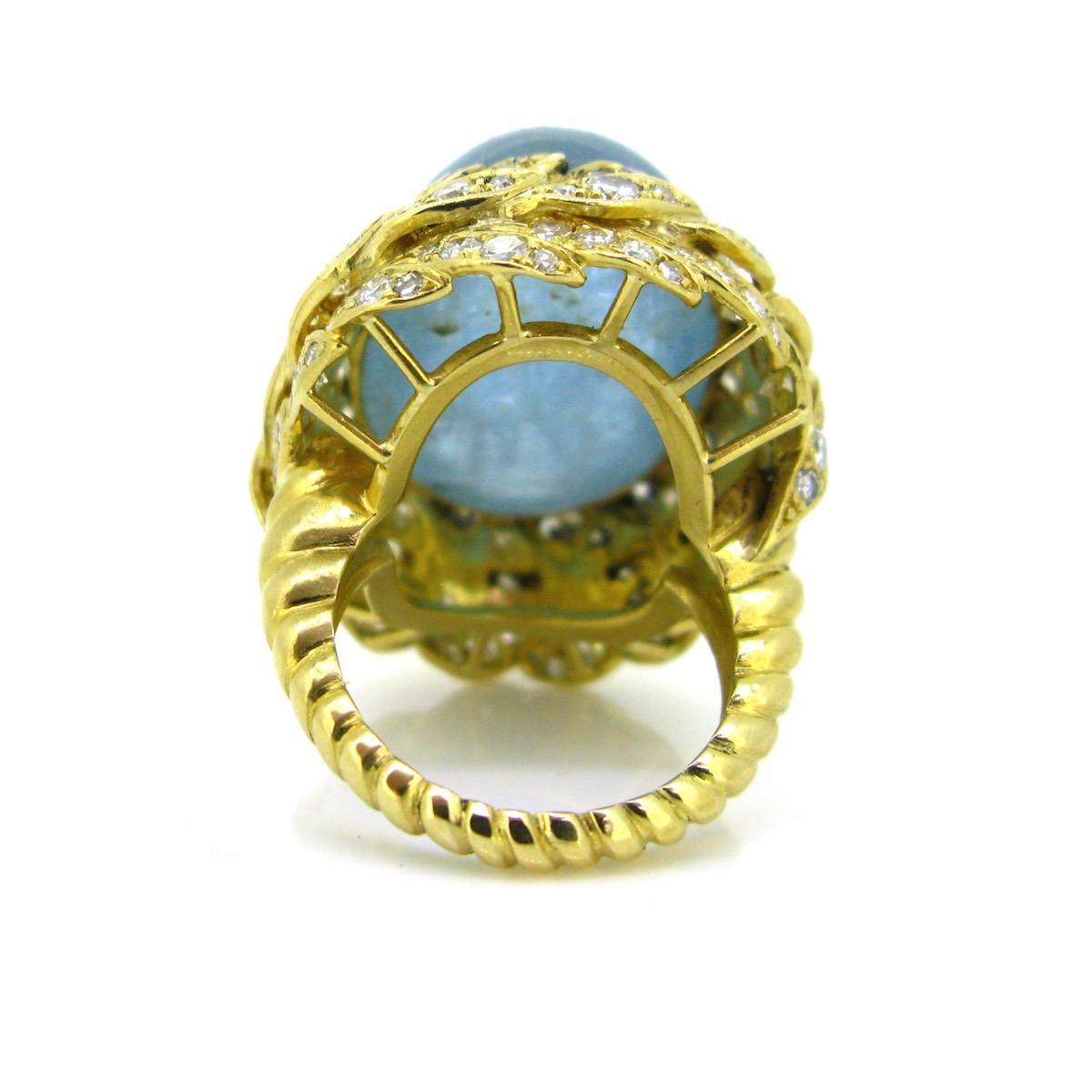 Aquamarine Diamond Ribbed Textured Yellow Gold Cocktail Fashion Ring In New Condition In London, GB