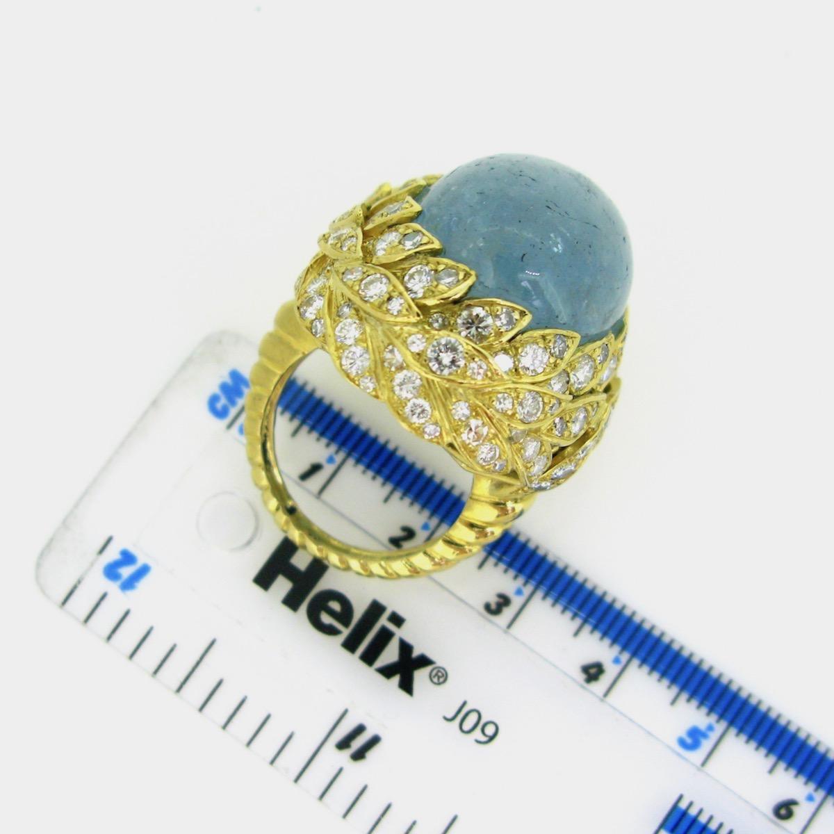 Aquamarine Diamond Ribbed Textured Yellow Gold Cocktail Fashion Ring 1