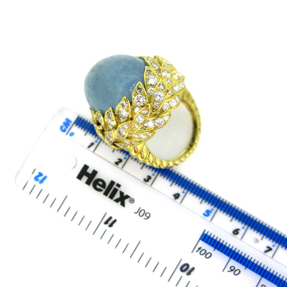 Aquamarine Diamond Ribbed Textured Yellow Gold Cocktail Fashion Ring 2