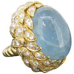 Aquamarine Diamond Ribbed Textured Yellow Gold Cocktail Fashion Ring
