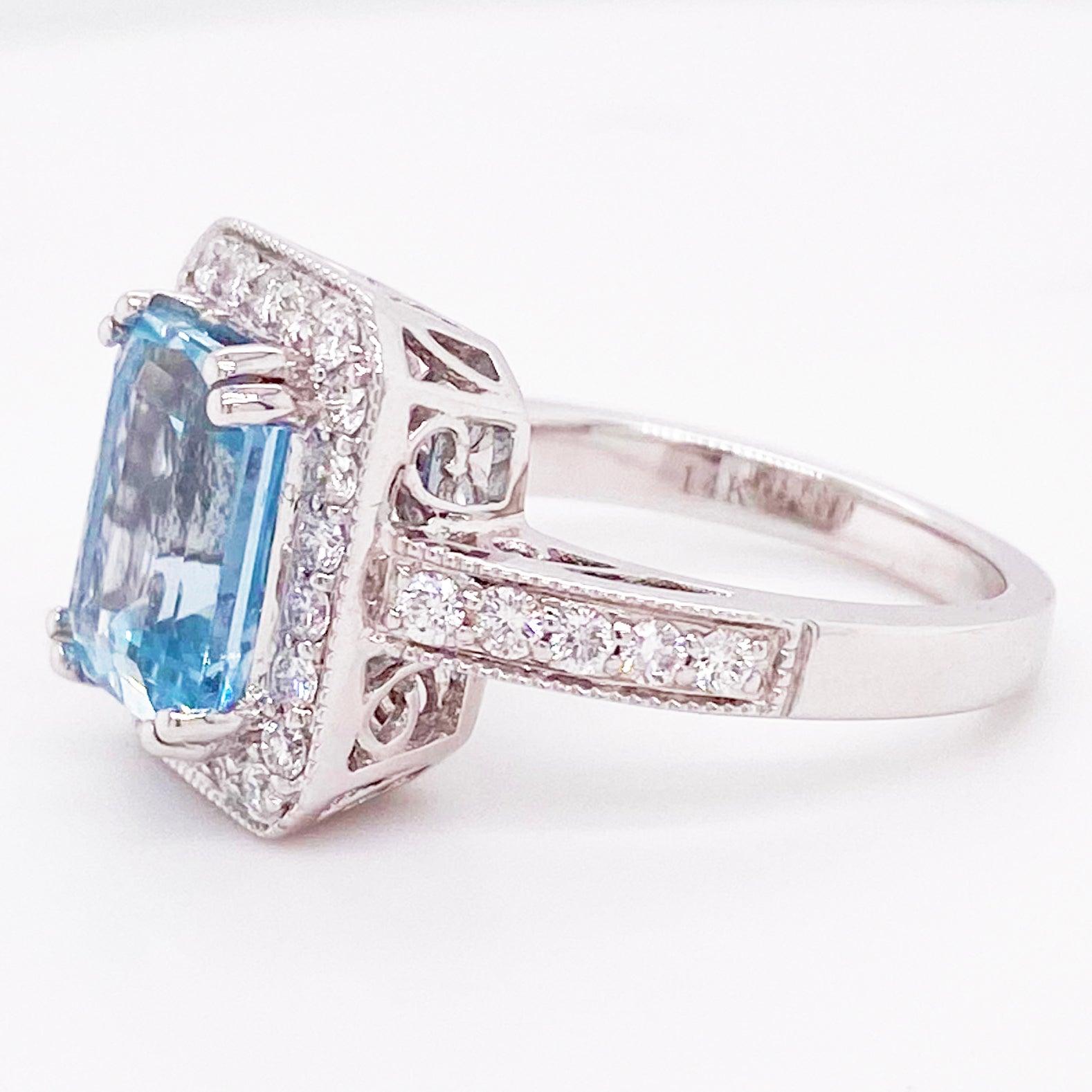 Aquamarine Diamond Ring, 14 Karat White Gold, Halo, 3 Carat Engagement Ring 3