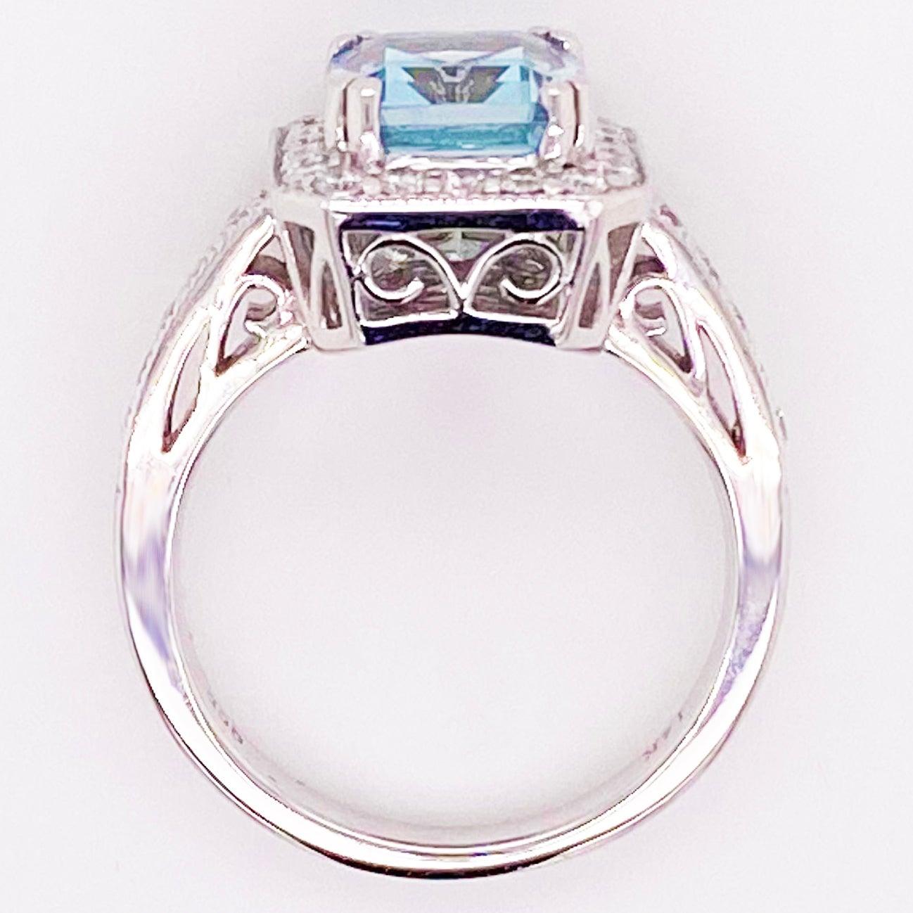 Aquamarine Diamond Ring, 14 Karat White Gold, Halo, 3 Carat Engagement Ring 4