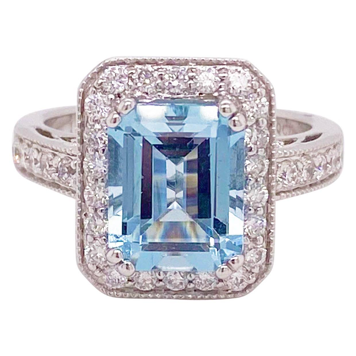 Aquamarine Diamond Ring, 14 Karat White Gold, Halo, 3 Carat Engagement Ring