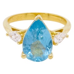 Verlobungsring mit Aquamarin und Diamant, 2 Karat Aqua, 14 Karat Gold, Blau, Birne