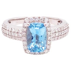 Aquamarine Diamond Ring, 2.00 Carat Aqua Diamond Halo, Engagement Ring, Cushion