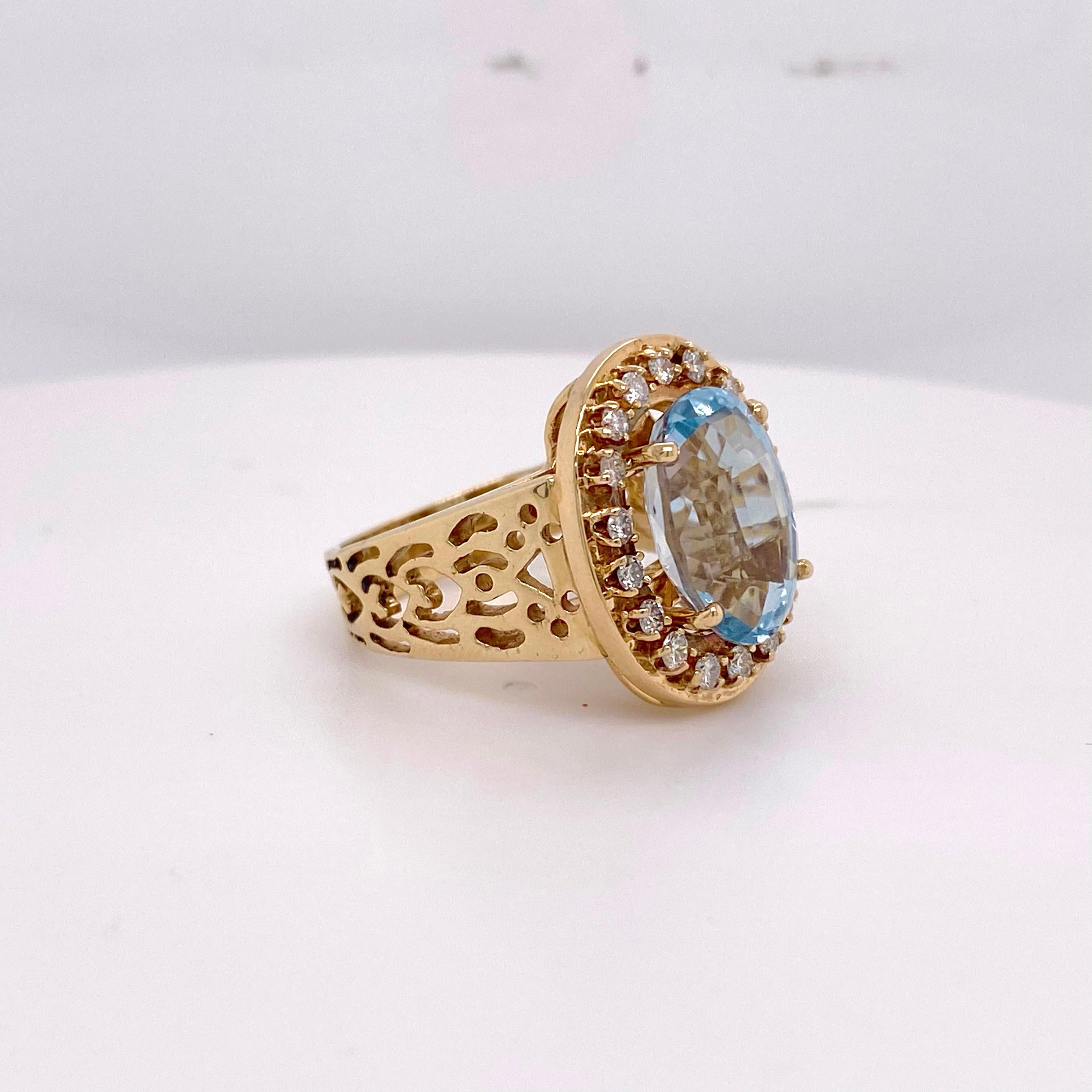 Romantic Aquamarine Diamond Ring, 5.55 Carats 14K Gold Filigree Design with Diamond Halo For Sale