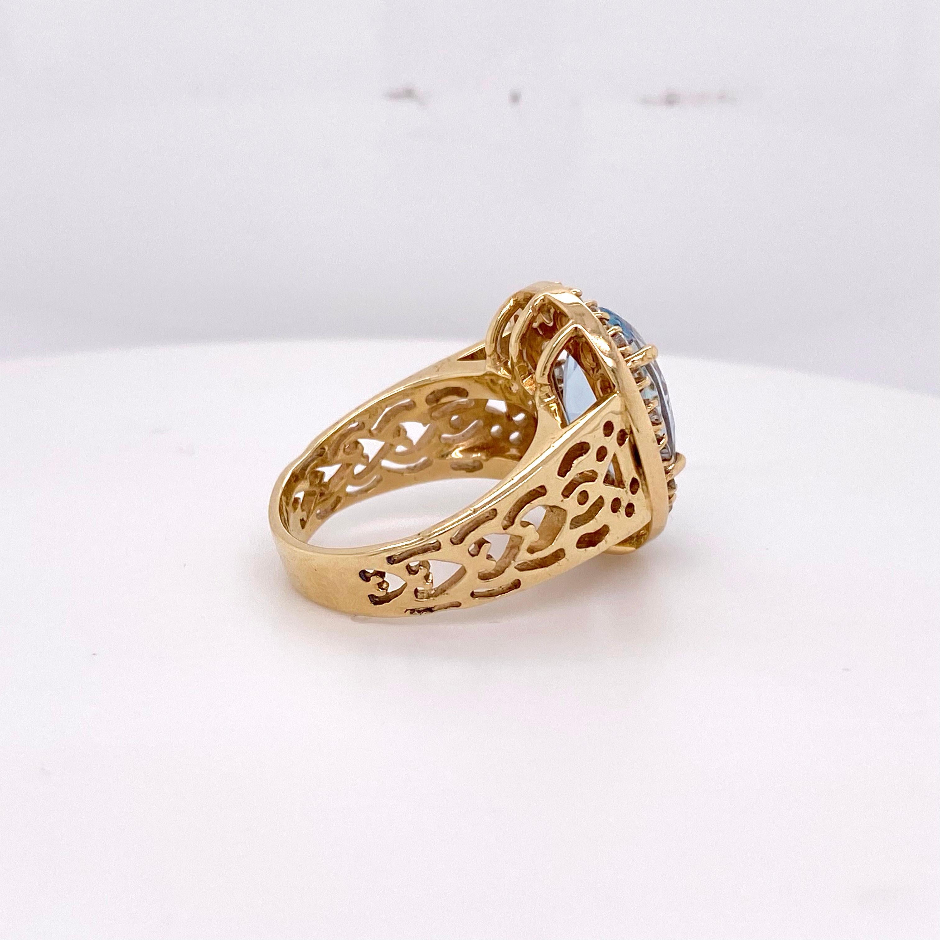 Oval Cut Aquamarine Diamond Ring, 5.55 Carats 14K Gold Filigree Design with Diamond Halo For Sale