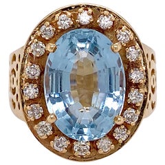 Bague aigue-marine de 5,55 carats en or 14 carats filigrane avec halo de diamants