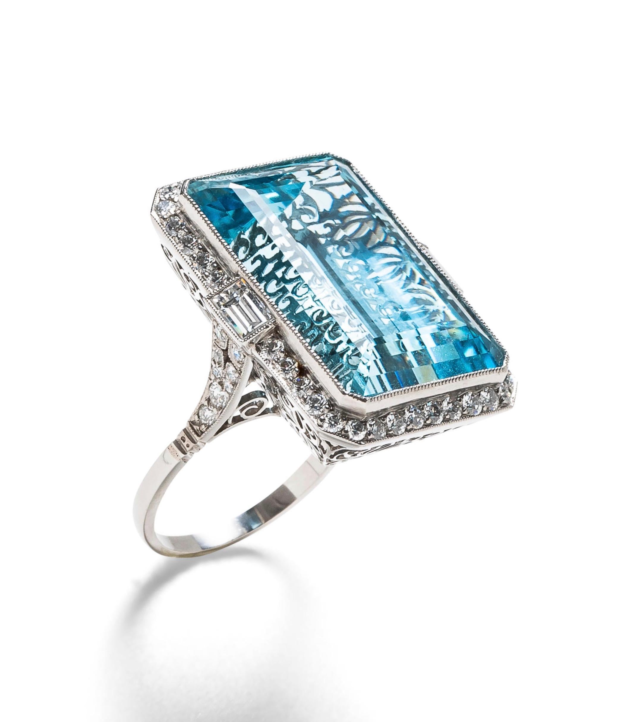 Emerald Cut Aquamarine & Diamond Ring For Sale