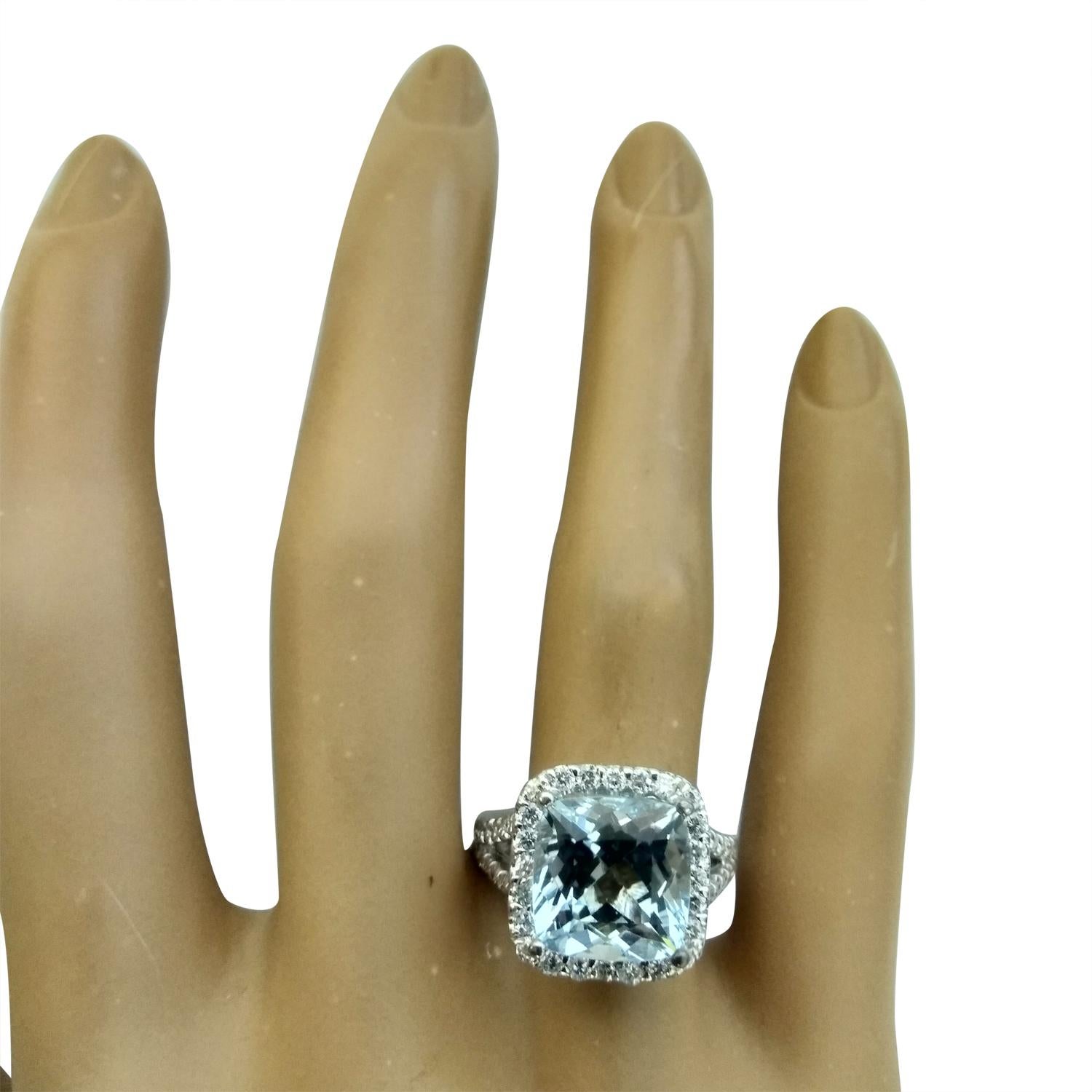 Cushion Cut Aquamarine Diamond Ring In 14 Karat Solid White Gold  For Sale