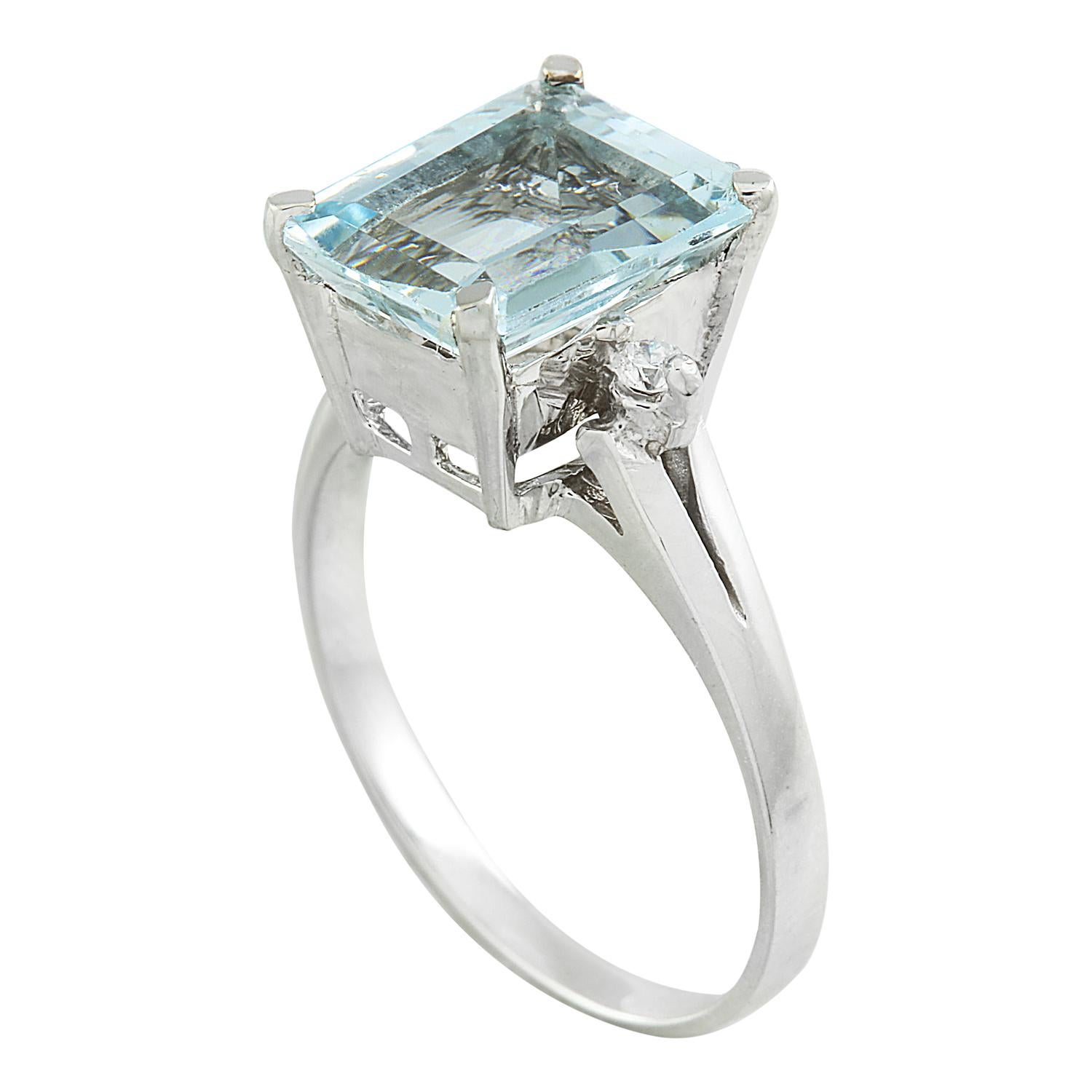 Emerald Cut Beautiful Elegance: Aquamarine Diamond Ring in 14K Solid White Gold For Sale