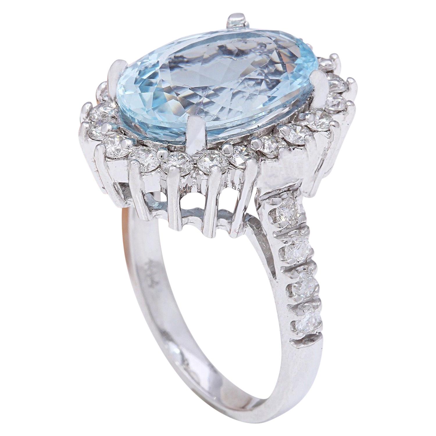 Oval Cut Exquisite Natural Aquamarine Diamond Ring In 14 Karat Solid White Gold  For Sale