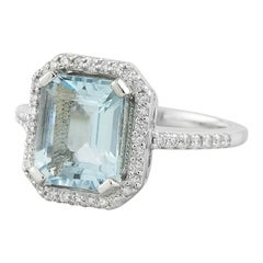 Aquamarine Brilliance: Emerald Cut Diamond Ring in 14K Solid White Gold