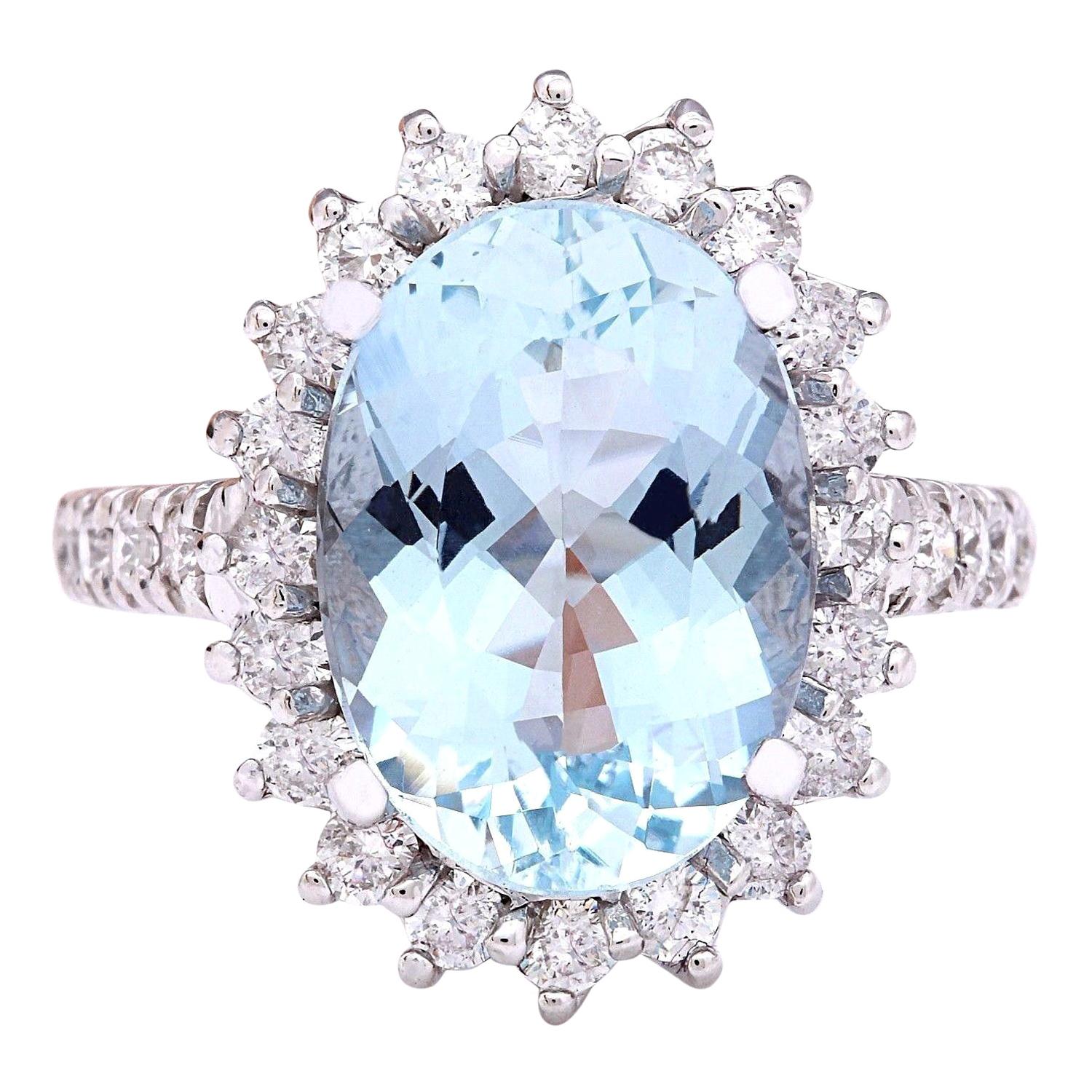 Exquisite Natural Aquamarine Diamond Ring In 14 Karat Solid White Gold 