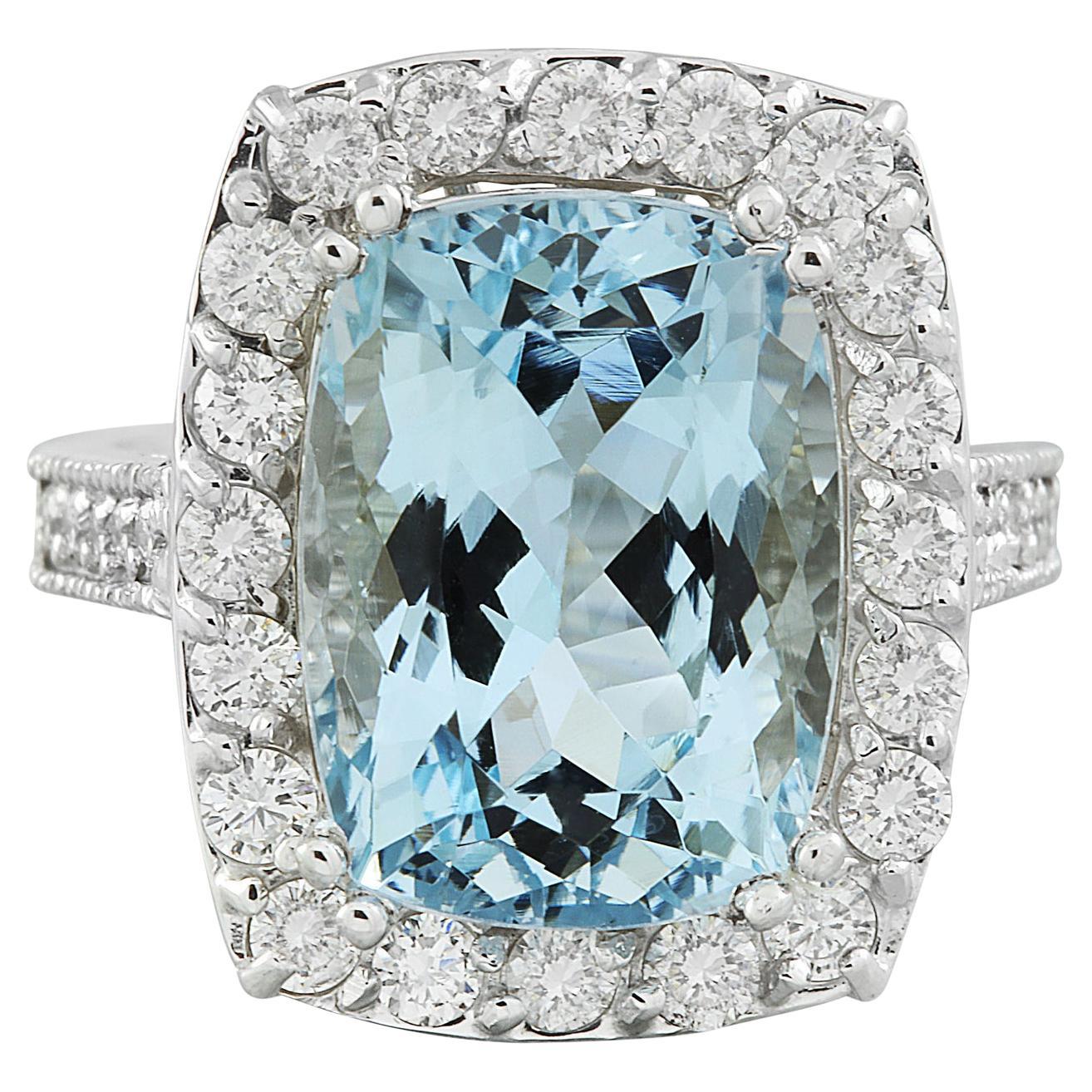 Aquamarine Diamond Ring In 14 Karat Solid White Gold  For Sale