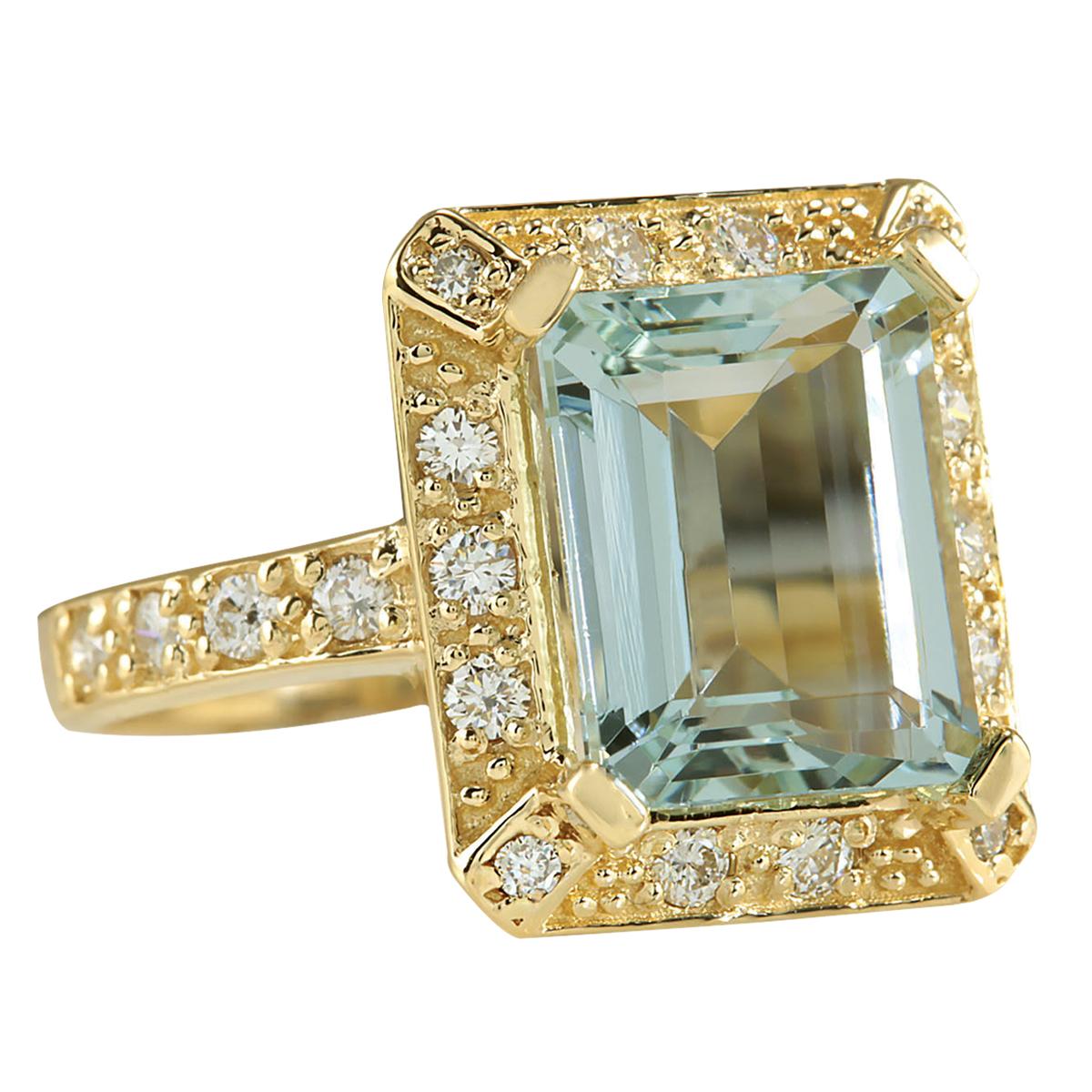 Modern Radiant Natural Aquamarine Diamond Ring: Elegance in 14K Yellow Gold For Sale