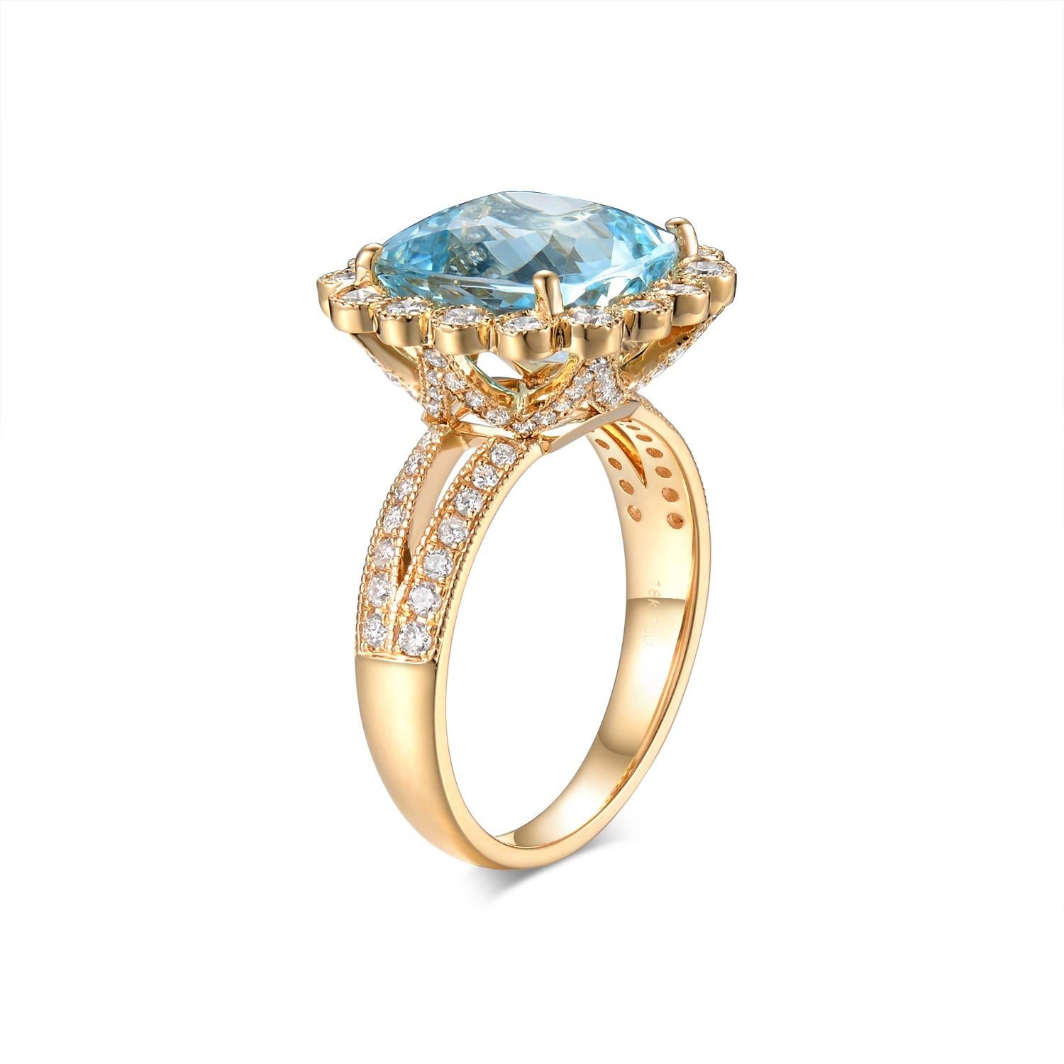 Showcase elegance with this beautifully crafted ring, centered around a mesmerizing 4.32-carat aquamarine. The brilliance of the aquamarine is complemented by a generous assent of diamonds, weighing in at 0.74 carats, offering a stunning contrast