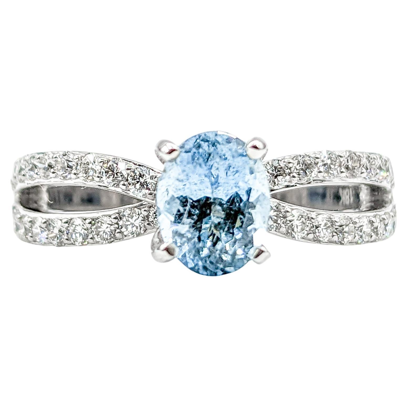 Aquamarine & Diamond Ring in 18k White Gold For Sale