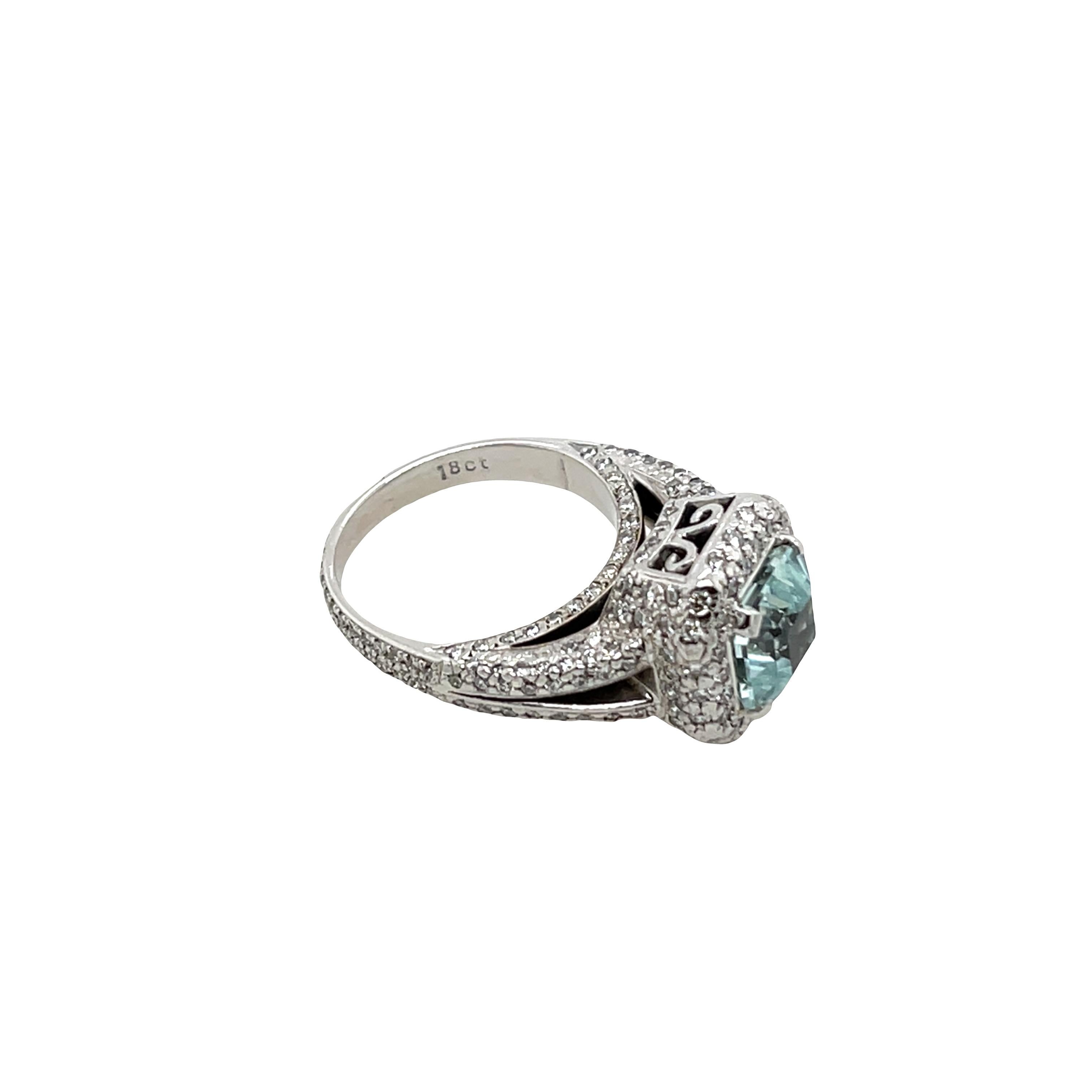 Anello con acquamarina e diamanti in oro bianco 18 ct. in vendita 2