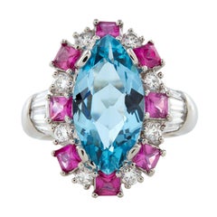 Retro Aquamarine, Diamond & Ruby Ring