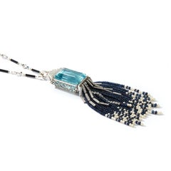 Aquamarine, Diamond, Sapphire, and Pearl Tassel Necklace