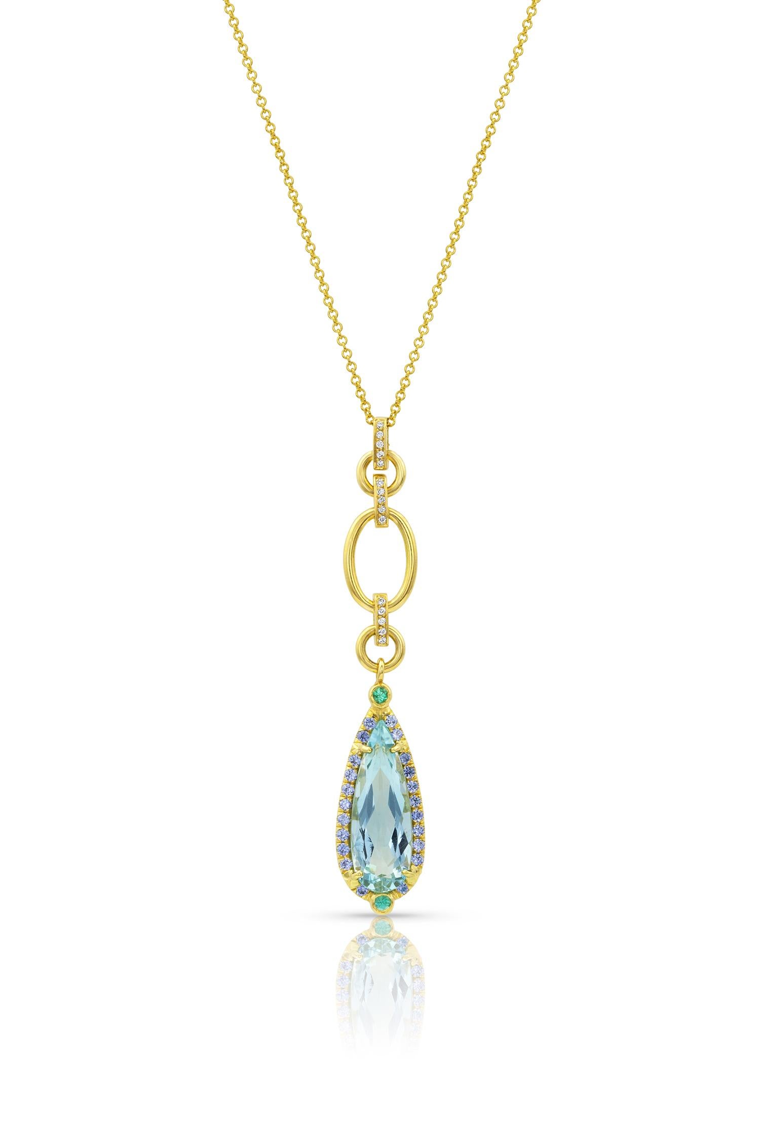 Contemporary Aquamarine, Diamond, Sapphire and Tourmaline Drop Pendant Necklace For Sale