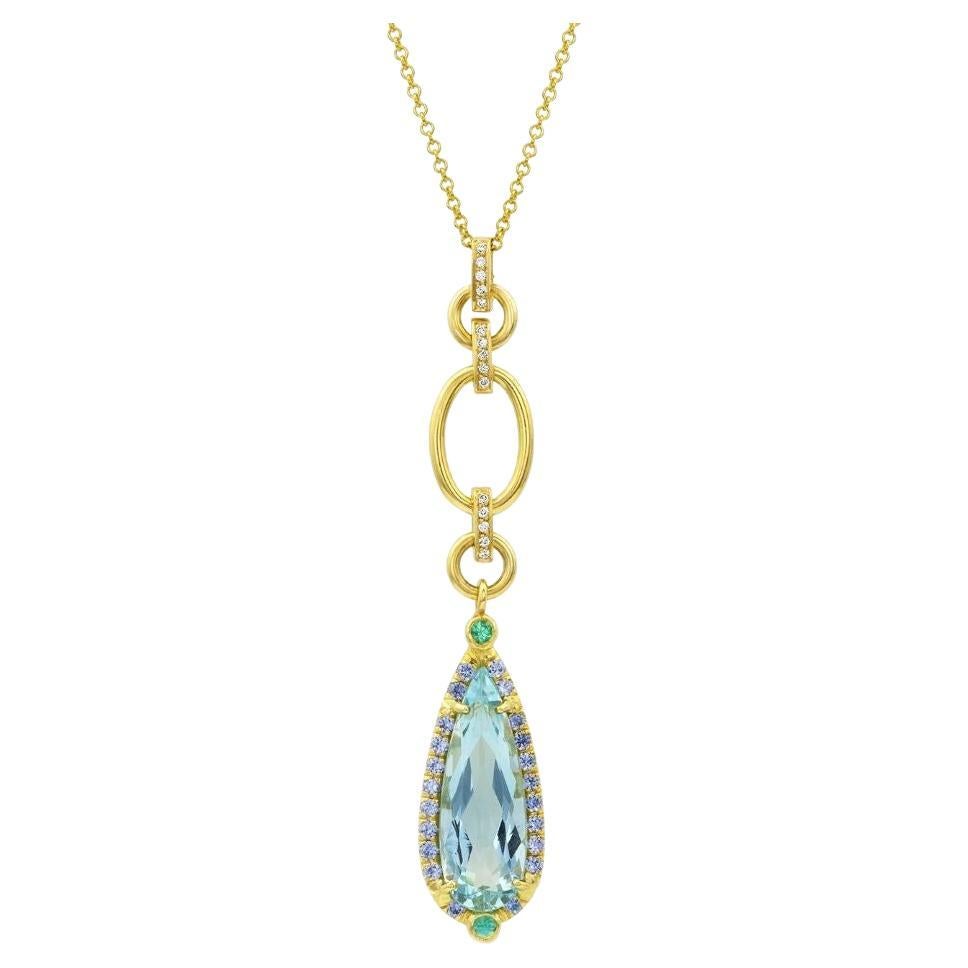 Aquamarine, Diamond, Sapphire and Tourmaline Drop Pendant Necklace For Sale