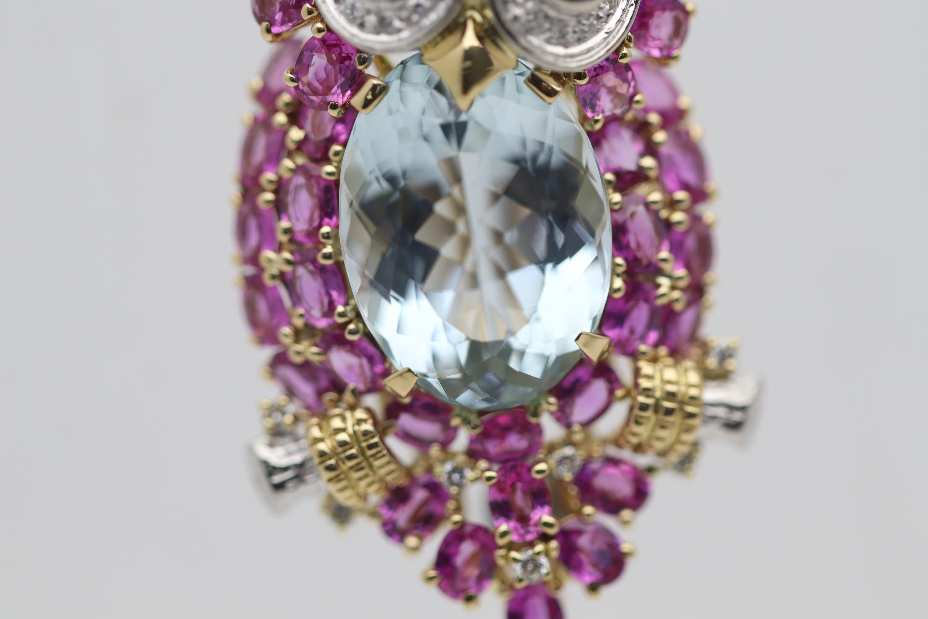 Aquamarine Diamond Sapphire Gold & Platinum Owl Brooch In New Condition For Sale In Beverly Hills, CA