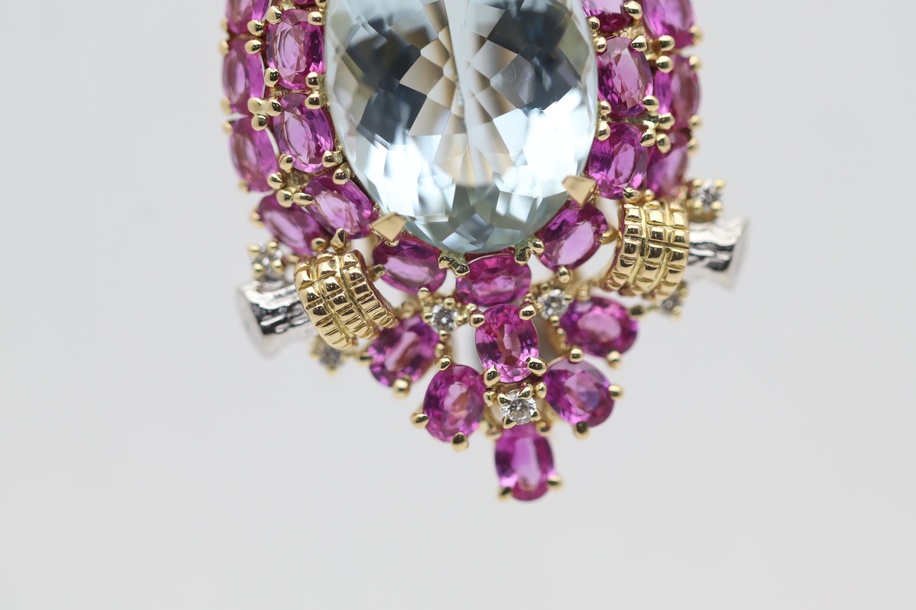 Women's Aquamarine Diamond Sapphire Gold & Platinum Owl Brooch For Sale