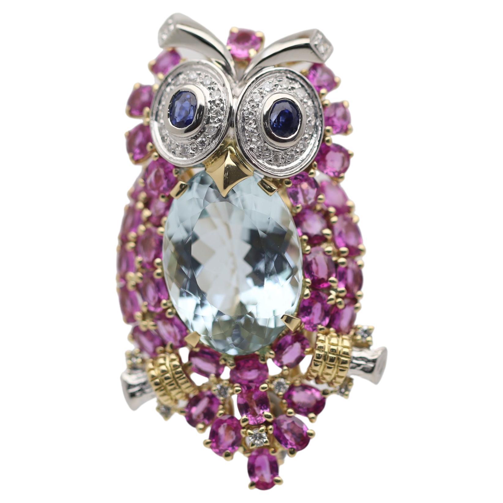 Aquamarine Diamond Sapphire Gold & Platinum Owl Brooch