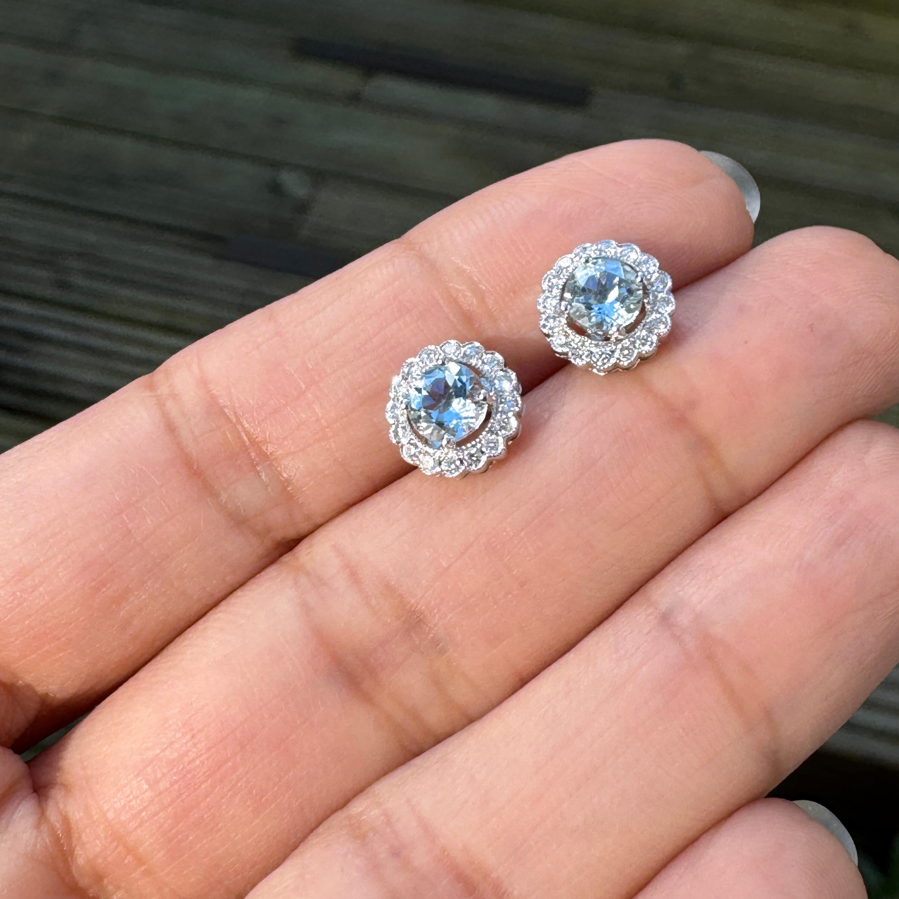 Modern Aquamarine & Diamond Scalloped Halo Cluster Stud Earrings in 18K White Gold For Sale