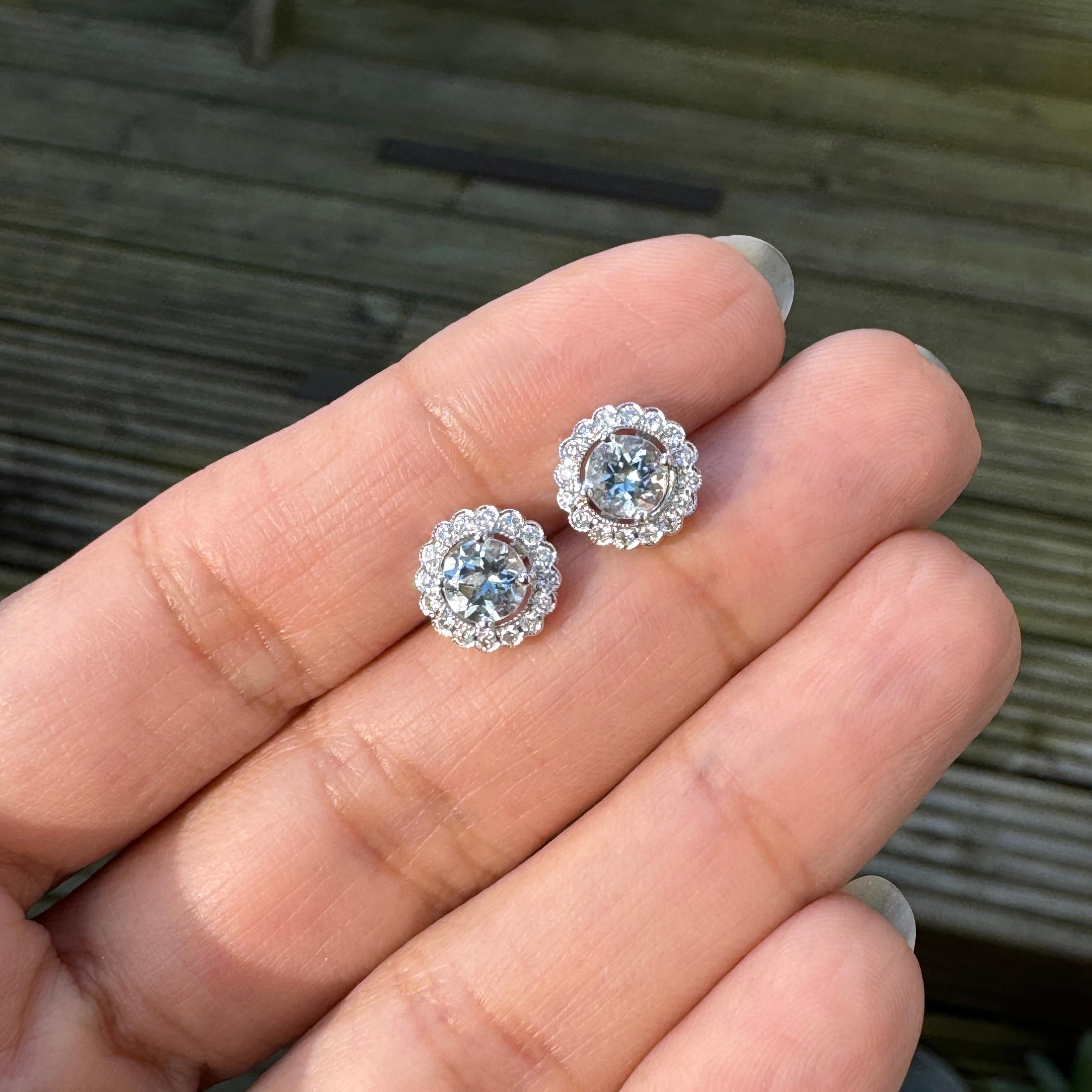 Round Cut Aquamarine & Diamond Scalloped Halo Cluster Stud Earrings in 18K White Gold For Sale