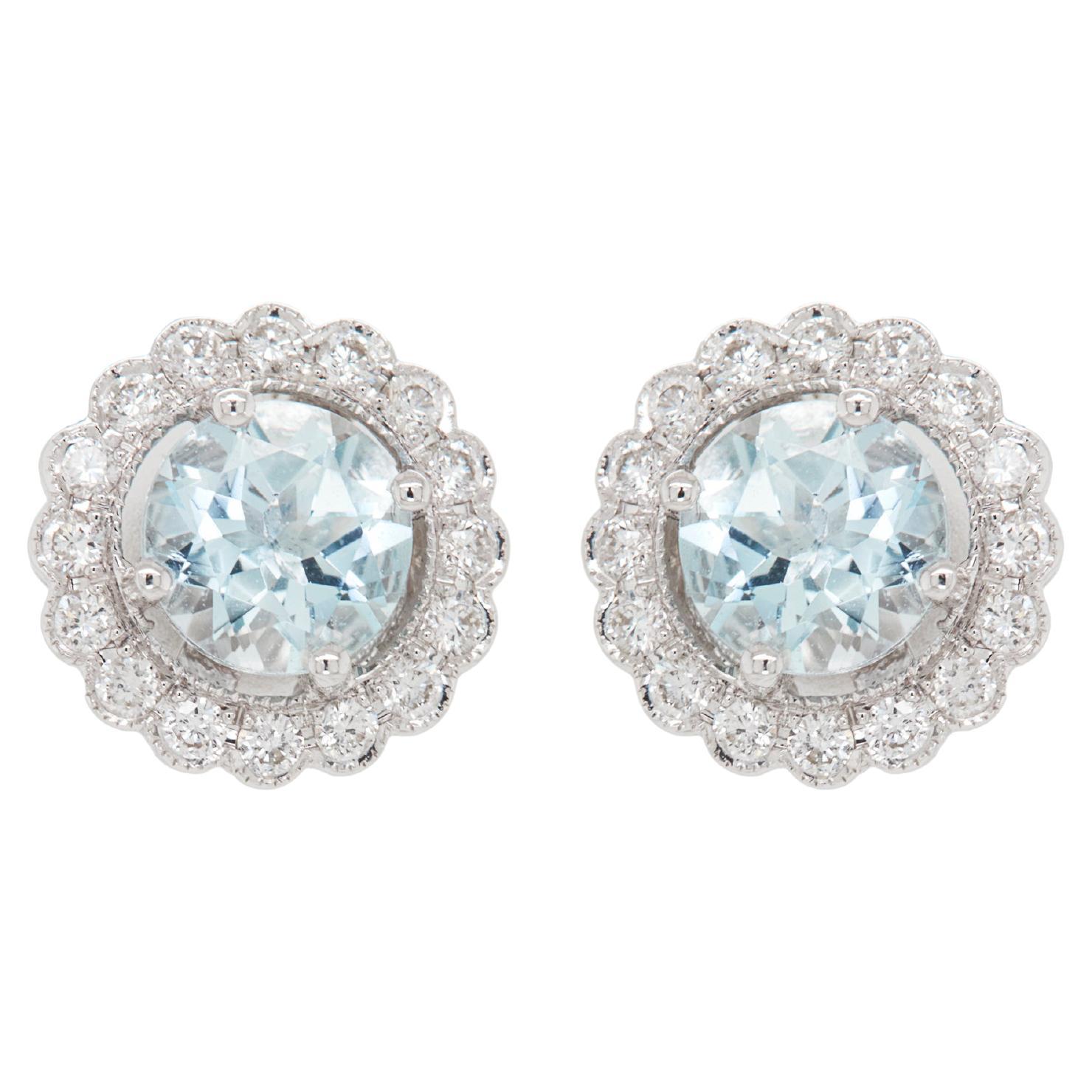 Aquamarine & Diamond Scalloped Halo Cluster Stud Earrings in 18K White Gold