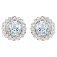 Aquamarin & Diamant Wellenschliff Halo Cluster-Ohrstecker aus 18 Karat Weißgold mit Wellenschliff