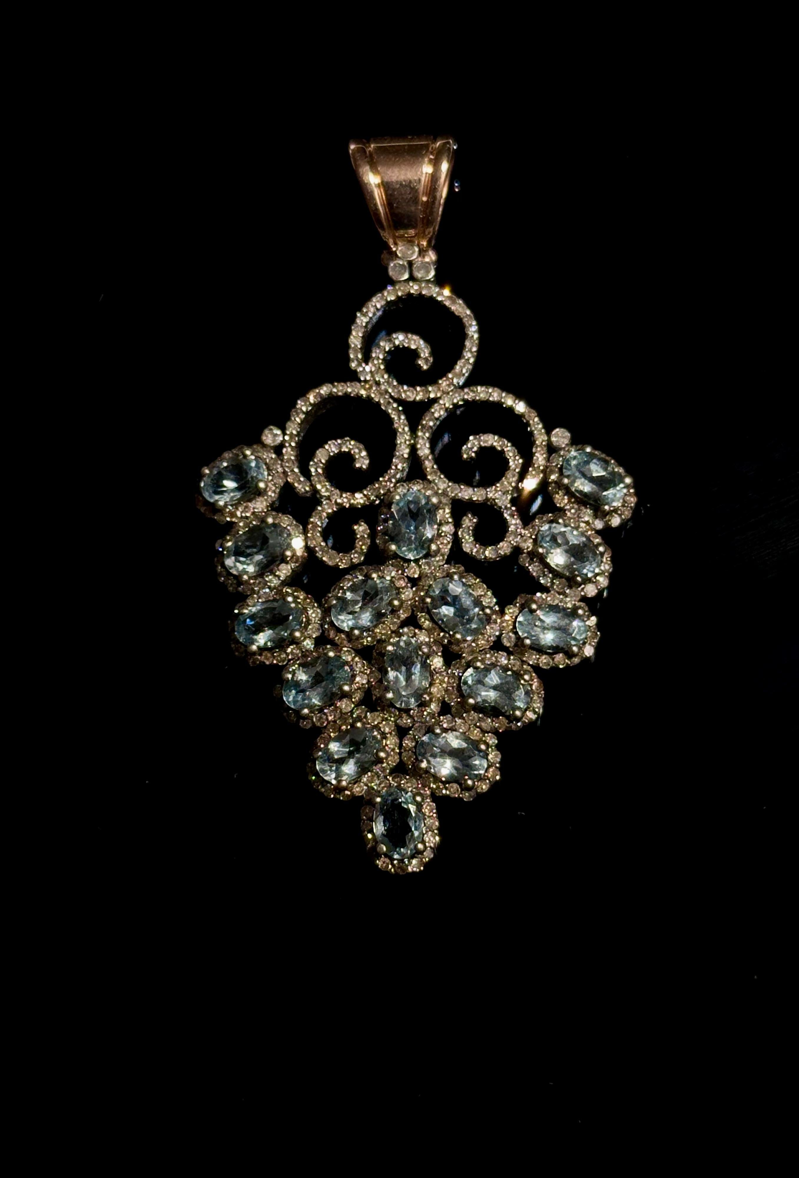 Aquamarine Diamond Silver Gold Pendant 15 ct Gold Rose Cut Diamonds 5