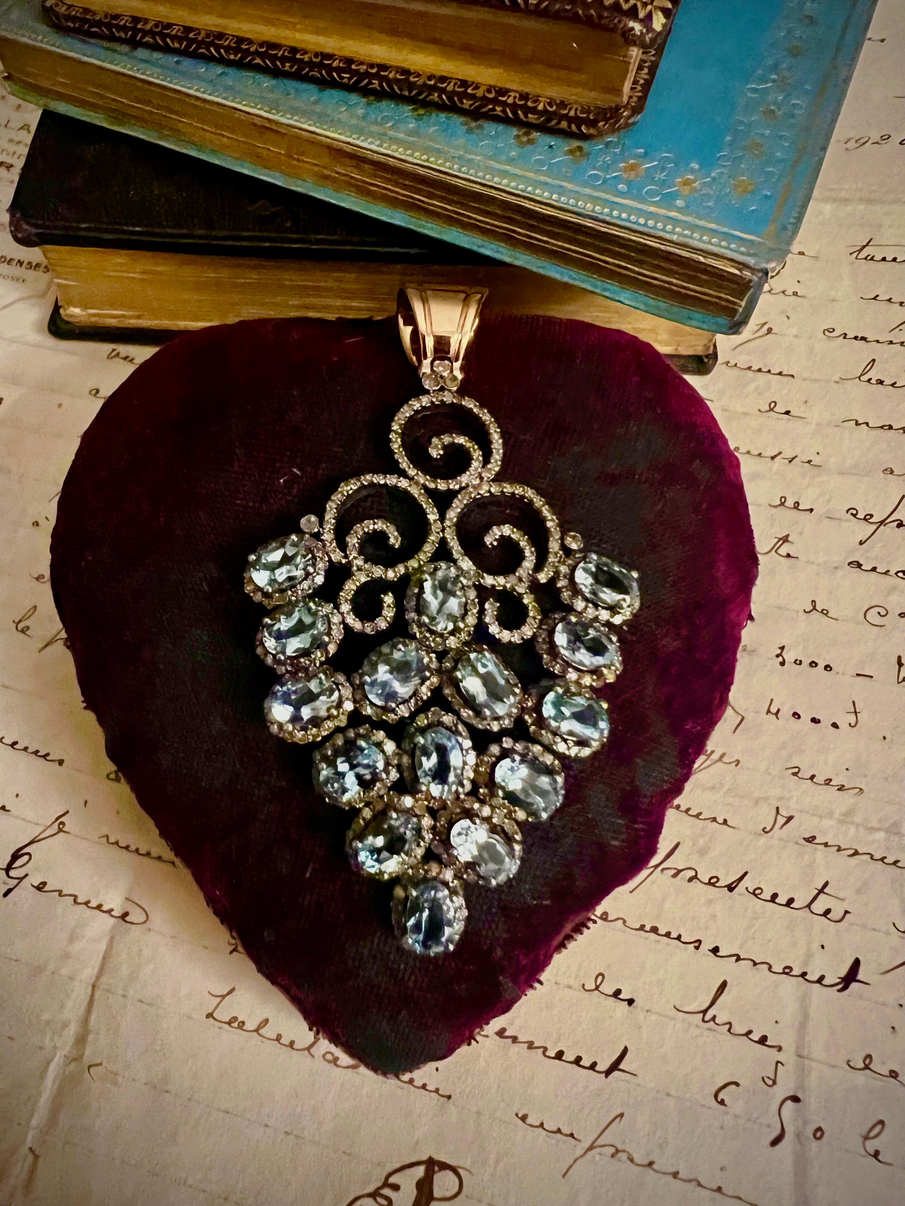 Victorian Aquamarine Diamond Silver Gold Pendant 15 ct Gold Rose Cut Diamonds