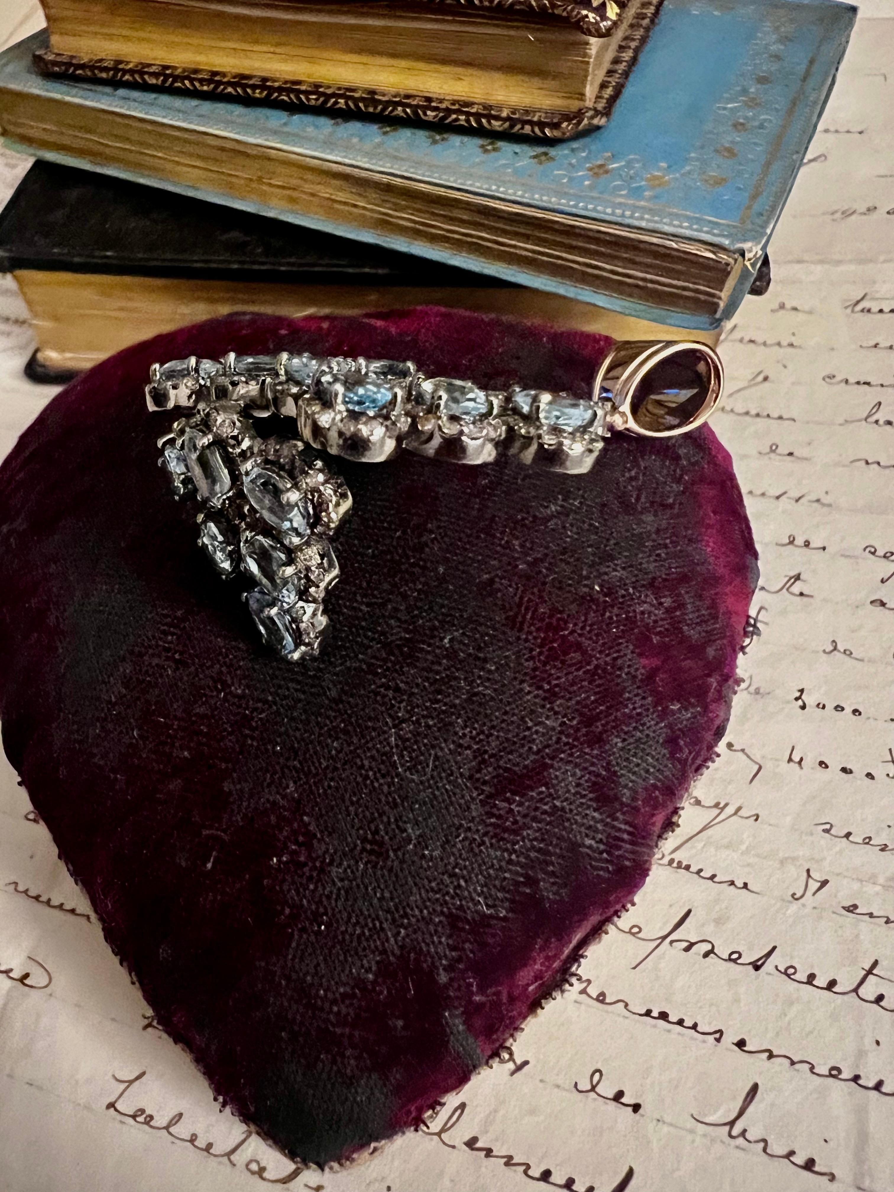 Aquamarine Diamond Silver Gold Pendant 15 ct Gold Rose Cut Diamonds 1