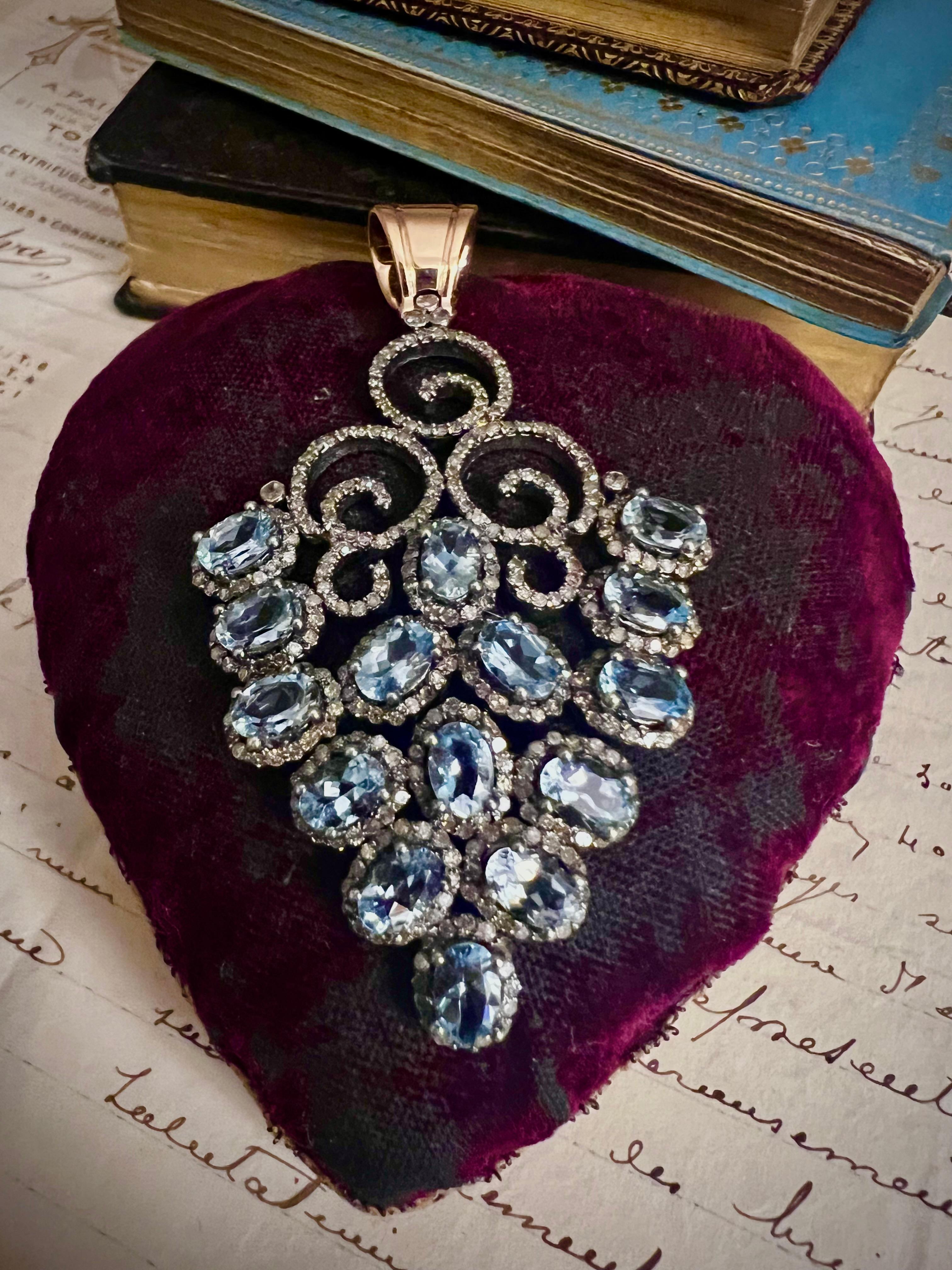 Aquamarine Diamond Silver Gold Pendant 15 ct Gold Rose Cut Diamonds 4