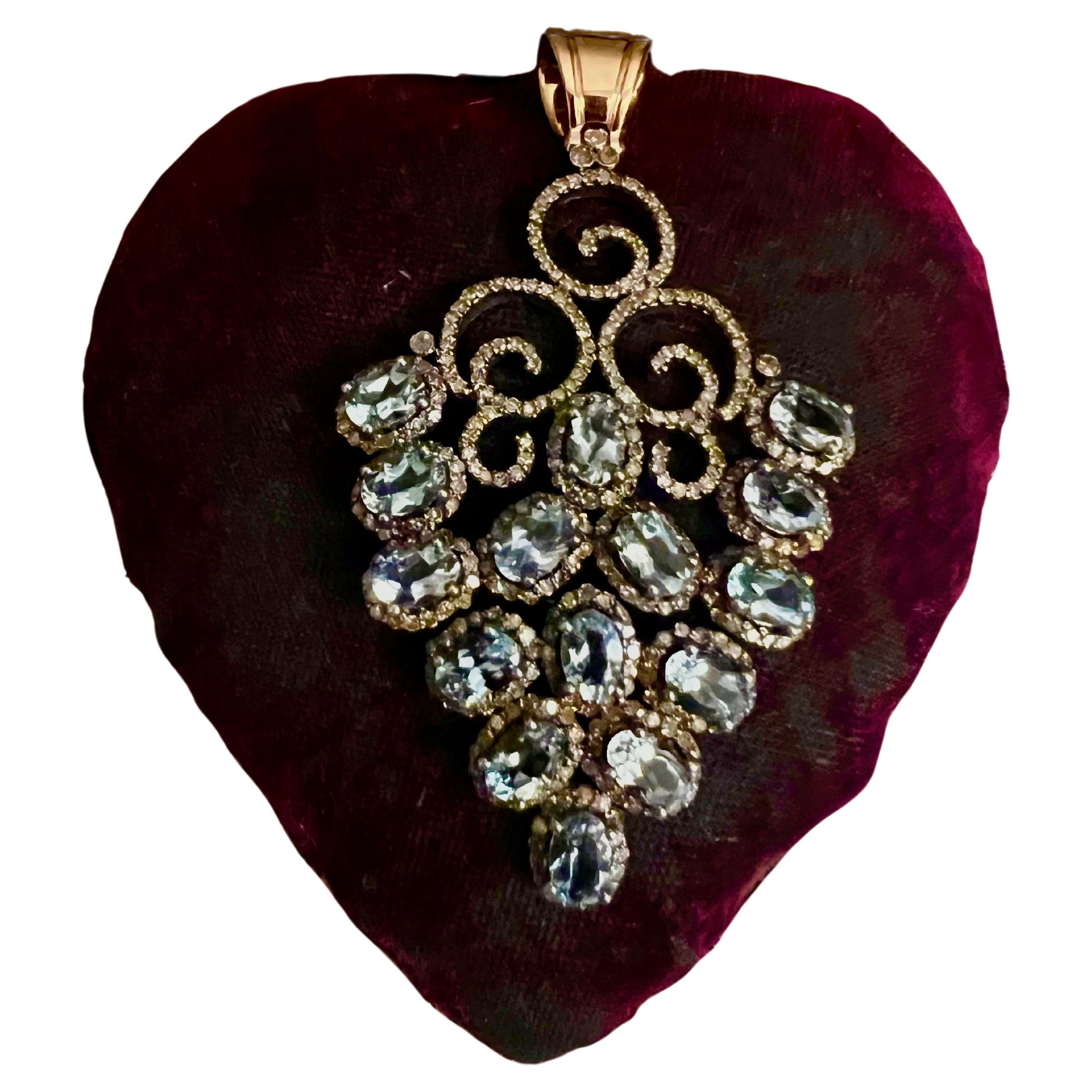 Magnificent Victorian Style Aquamarine Diamond Pendant.  Rose Cut Diamonds. Aquamarines. Rare clear blue color.
This magnificent pendant is a conversion from antique aquamarine earring. Mounted in silver pendant consists of 367 pieces of rose cut