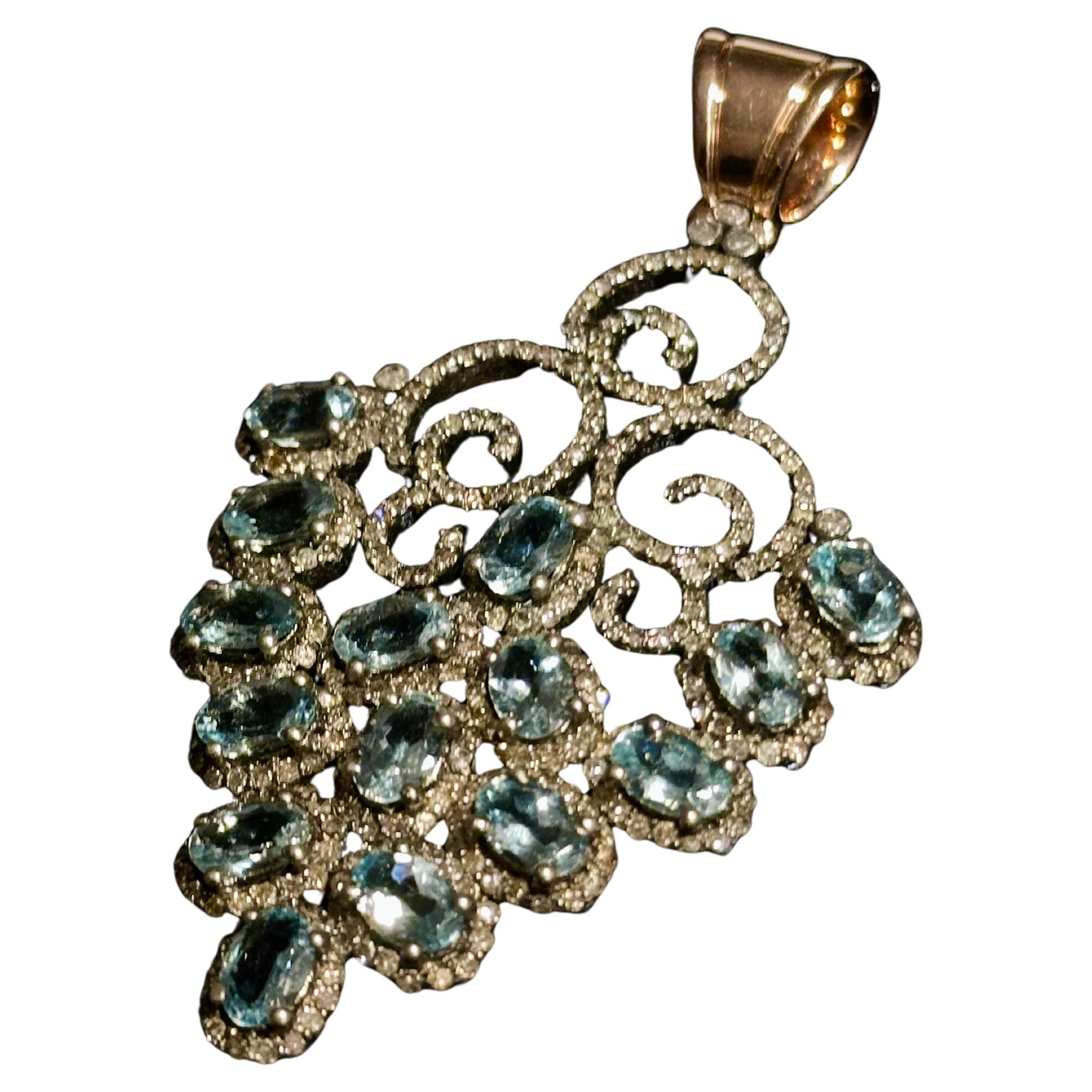 Aquamarine Diamond Silver Gold Pendant 15 ct Gold Rose Cut Diamonds For Sale
