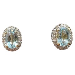 Aquamarine Diamond Stud Earrings 10kt Yellow Gold 0.07ctw GH New