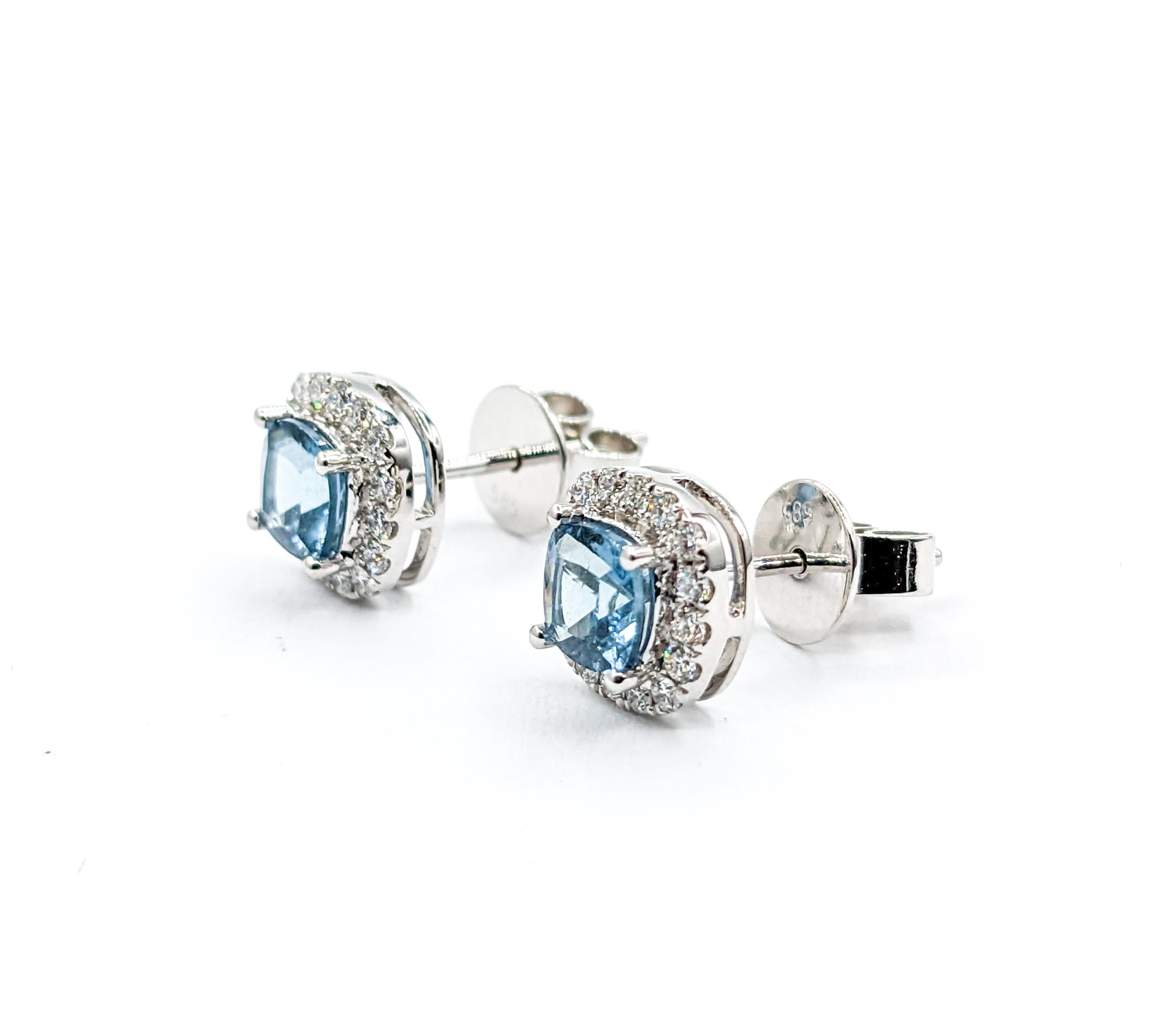Cushion Cut Aquamarine & Diamond Stud Earrings