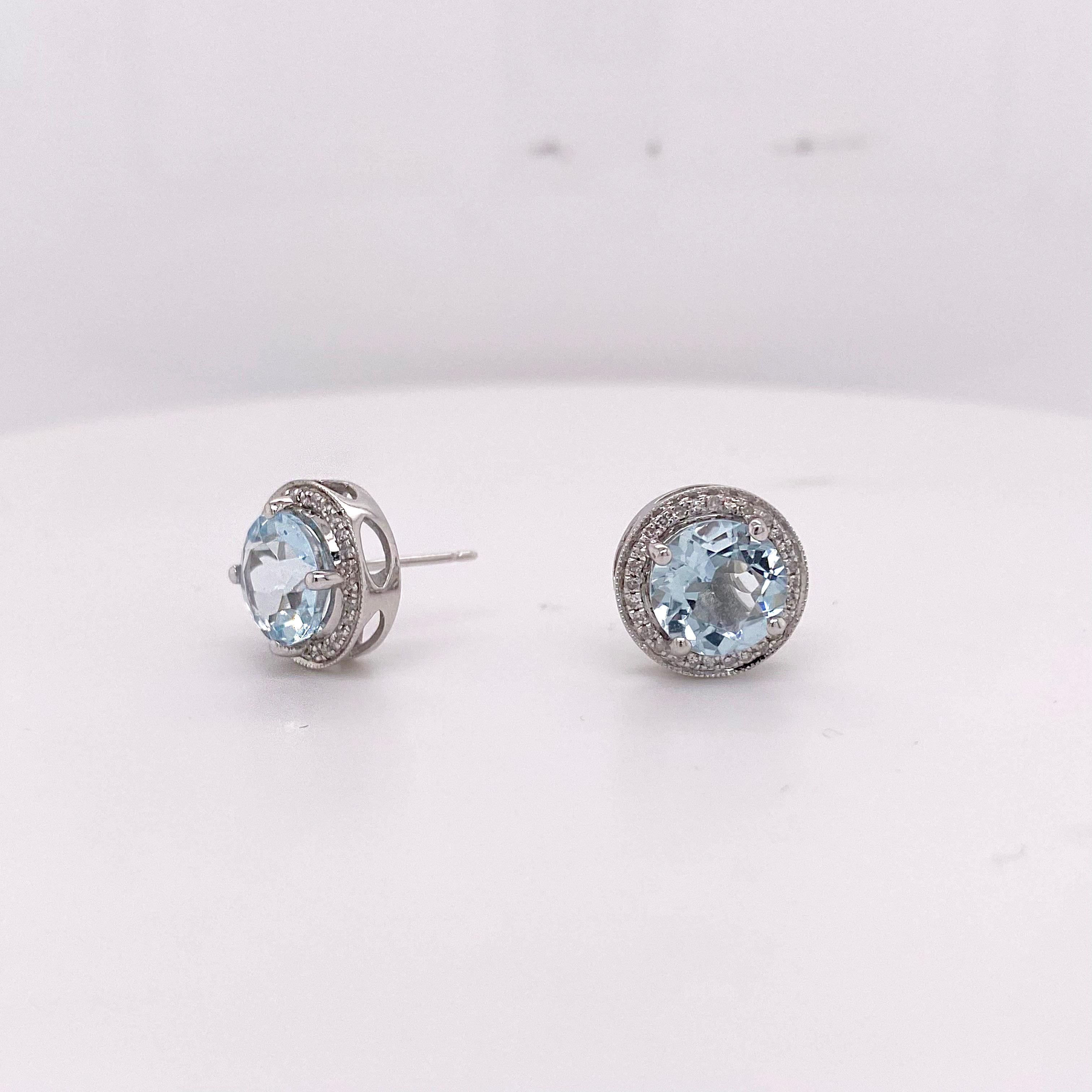 Modern Aquamarine Diamond Studs Earrings, Halo of Diamonds, 3.3.9 Carat Aqua Stones For Sale