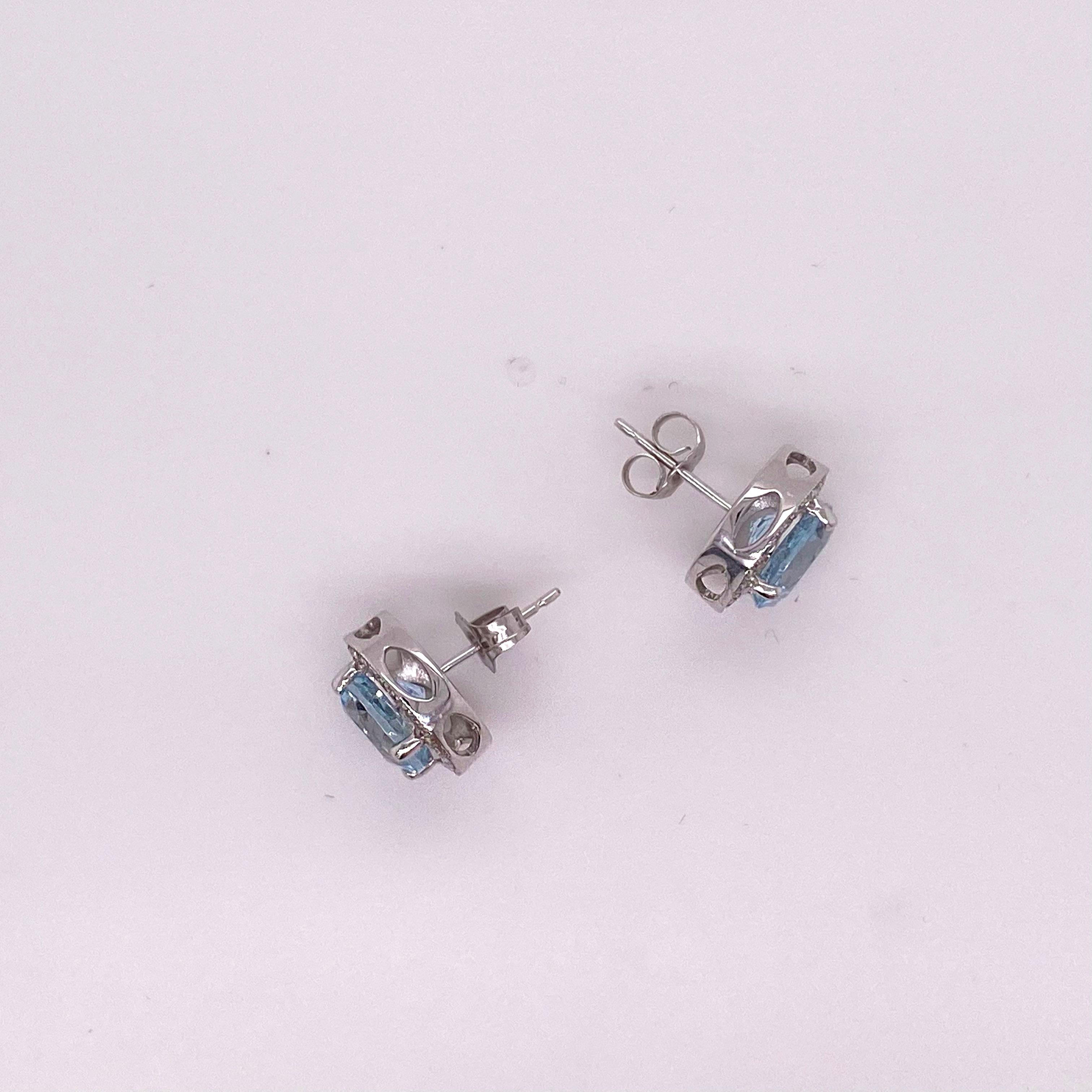 Aquamarine Diamond Studs Earrings, Halo of Diamonds, 3.3.9 Carat Aqua Stones In New Condition For Sale In Austin, TX