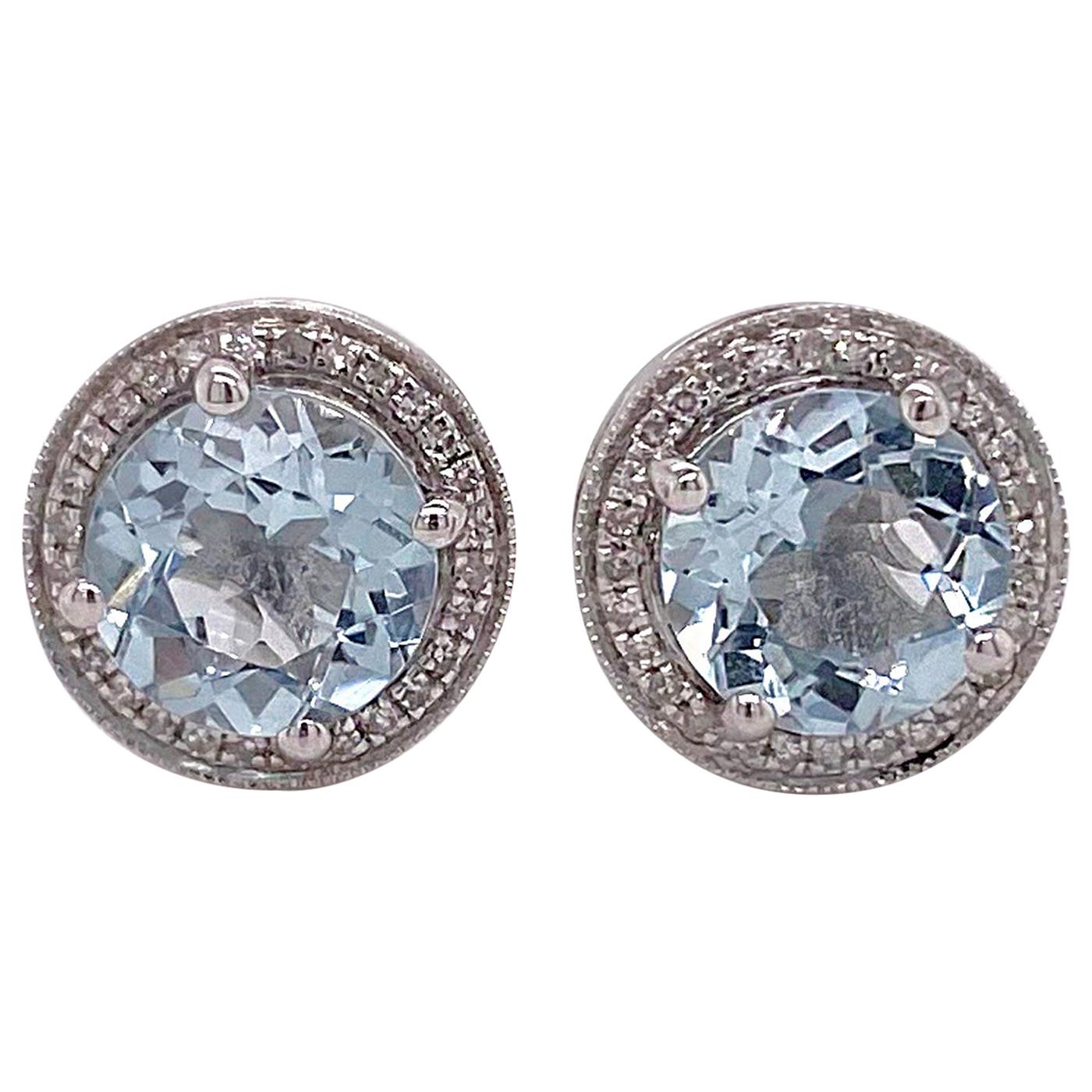 Aquamarine Diamond Studs Earrings, Halo of Diamonds, 3.3.9 Carat Aqua Stones For Sale