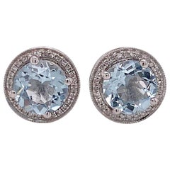 Aquamarine Diamond Studs Earrings, Halo of Diamonds, 3.3.9 Carat Aqua Stones