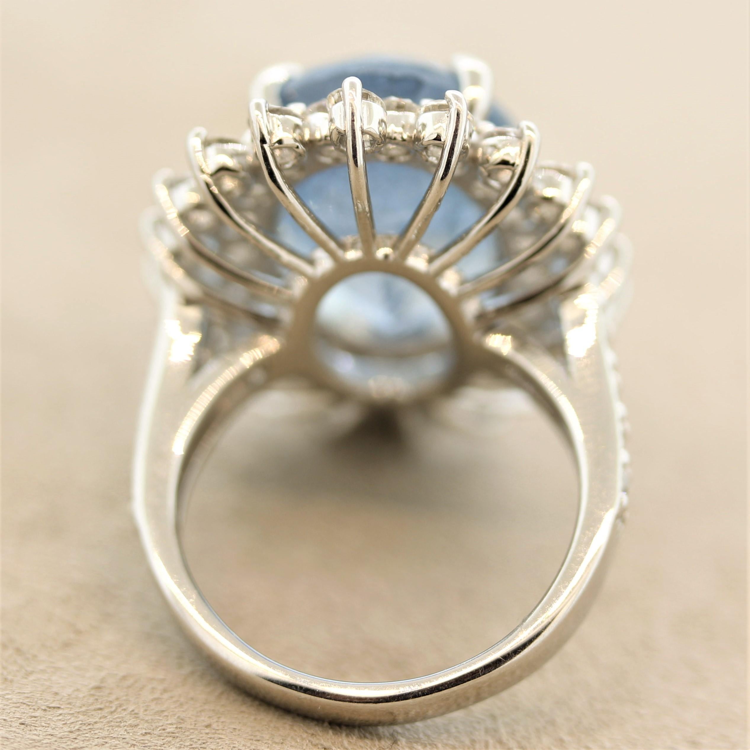 Women's Aquamarine Diamond Sunburst Platinum Cocktail Ring For Sale