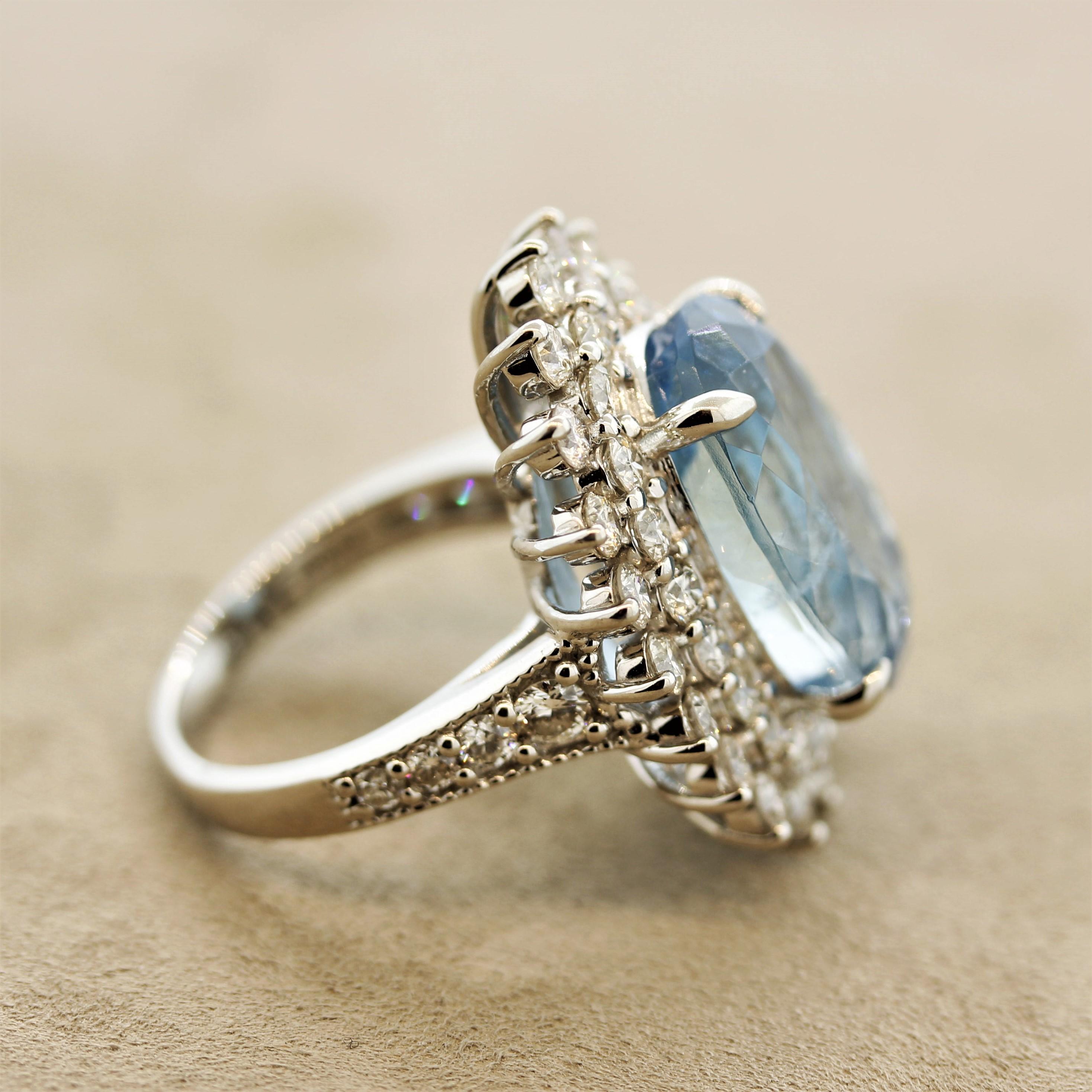 Aquamarine Diamond Sunburst Platinum Cocktail Ring For Sale 1