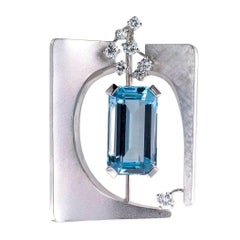 Aquamarine Diamond White Gold Brooch Pendant